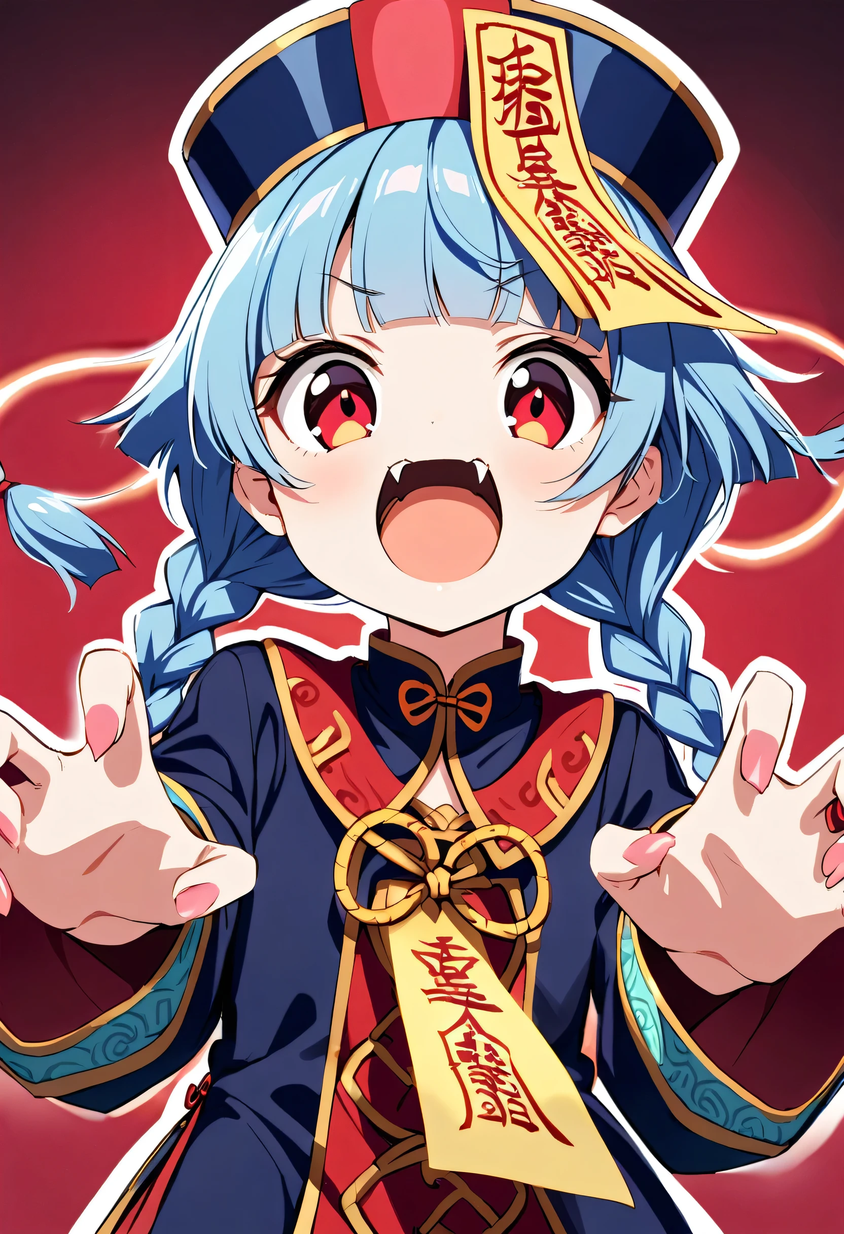 A cute young jiangshi girl, solo, with twin braids and blunt bangs framing her red eyes. She wears a qingdai guanmao adorned with an ofuda and traditional Chinese clothing. Her small fangs are bared as she strikes a claw pose.