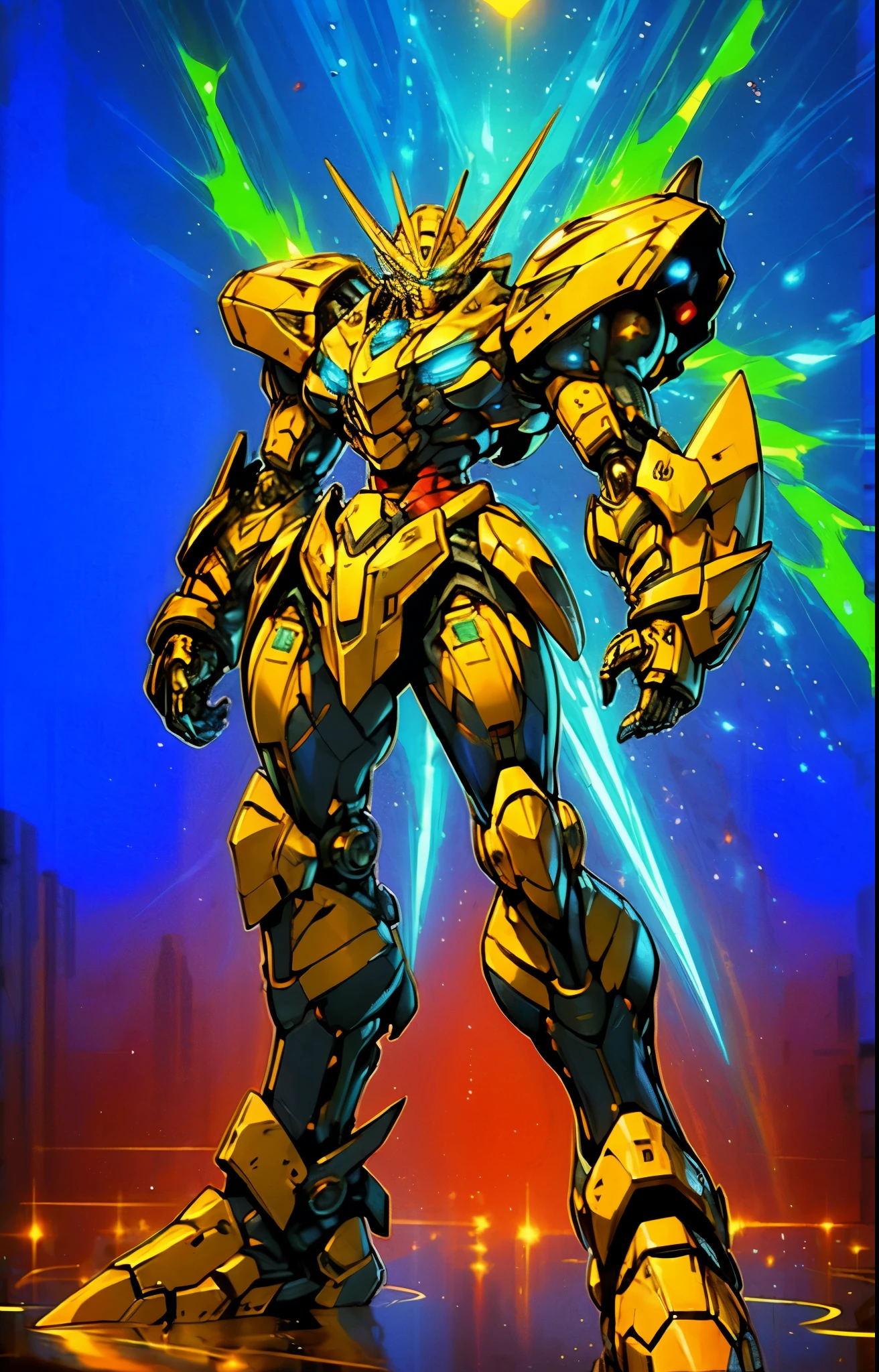 Humanoid Mecha, fully enclosed shoulder guards, matching arm and leg guards, full body, full armor, the design balances heavy with agility, (the color scheme is primarily white with red and blue accents, the concept Inspired by Super robot, organic biotech armor, pose, standing, floating high above the futuristic sci-fi city), exquisite and mature art style, (aura effect, energy, glowing eyes, the armor glows), ((SRS)), metallic, dynamic, dramatic, high definition, best quality, highres, ultra-detailed, ultra-fine painting, extremely delicate, professional, perfect body proportions, anatomically correct, symmetrical face, extremely detailed eyes and face, high quality eyes, creativity, RAW photo, UHD, 32k, Natural light, cinematic lighting, masterpiece-anatomy-perfect, masterpiece:1.5