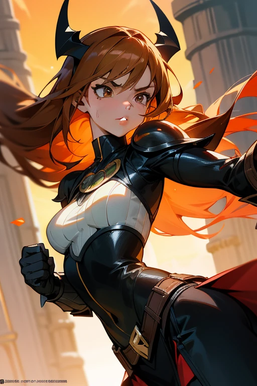 Anime caballera, or anime batgirl, with long flowing ginger hair and piercing brown eyes. She wears a fitted outfit consisting of a leather batgirl armor vest and a flowing skirt. In one hand, she holds a sleek, shiny espada, or sword, its edge gleaming in the sunlight. determination in her gaze as she prepares for a lucha, or fight, against an invisible foe. Sweat beads on her brow, and her lips are pressed into a tight line as she focuses her energy for the impending battle. The setting sun casts an orange glow over the scene, highlighting the contours of her muscular form and the intricate details of her armor. She stands po