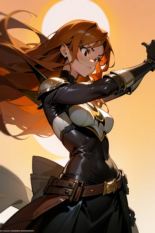 Anime caballera, or anime batgirl, with long flowing ginger hair and piercing brown eyes. She wears a fitted outfit consisting of a leather batgirl armor vest and a flowing skirt. In one hand, she holds a sleek, shiny espada, or sword, its edge gleaming in the sunlight. determination in her gaze as she prepares for a lucha, or fight, against an invisible foe. Sweat beads on her brow, and her lips are pressed into a tight line as she focuses her energy for the impending battle. The setting sun casts an orange glow over the scene, highlighting the contours of her muscular form and the intricate details of her armor. She stands po
