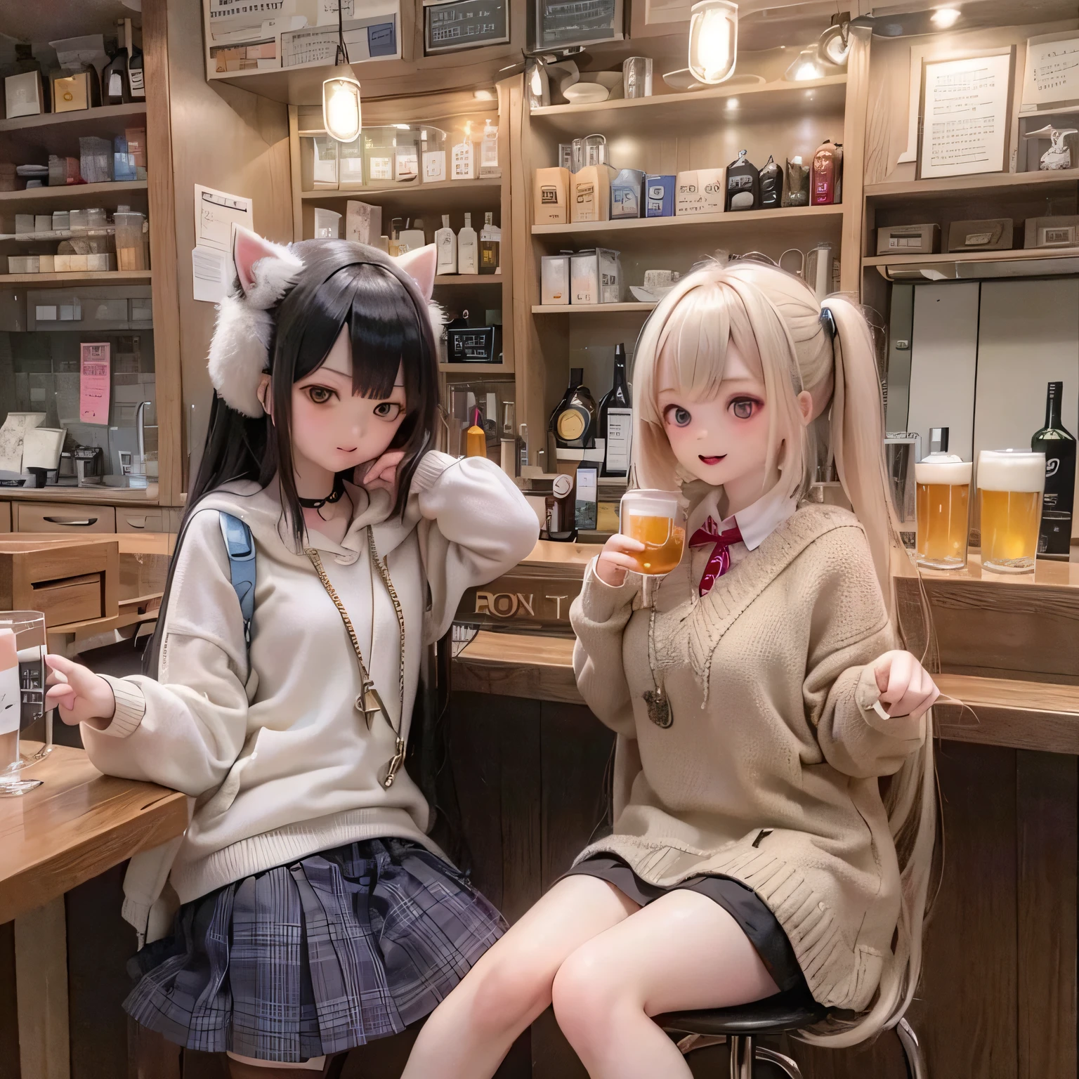 
Shiba Inu girls drinking beer in a pub