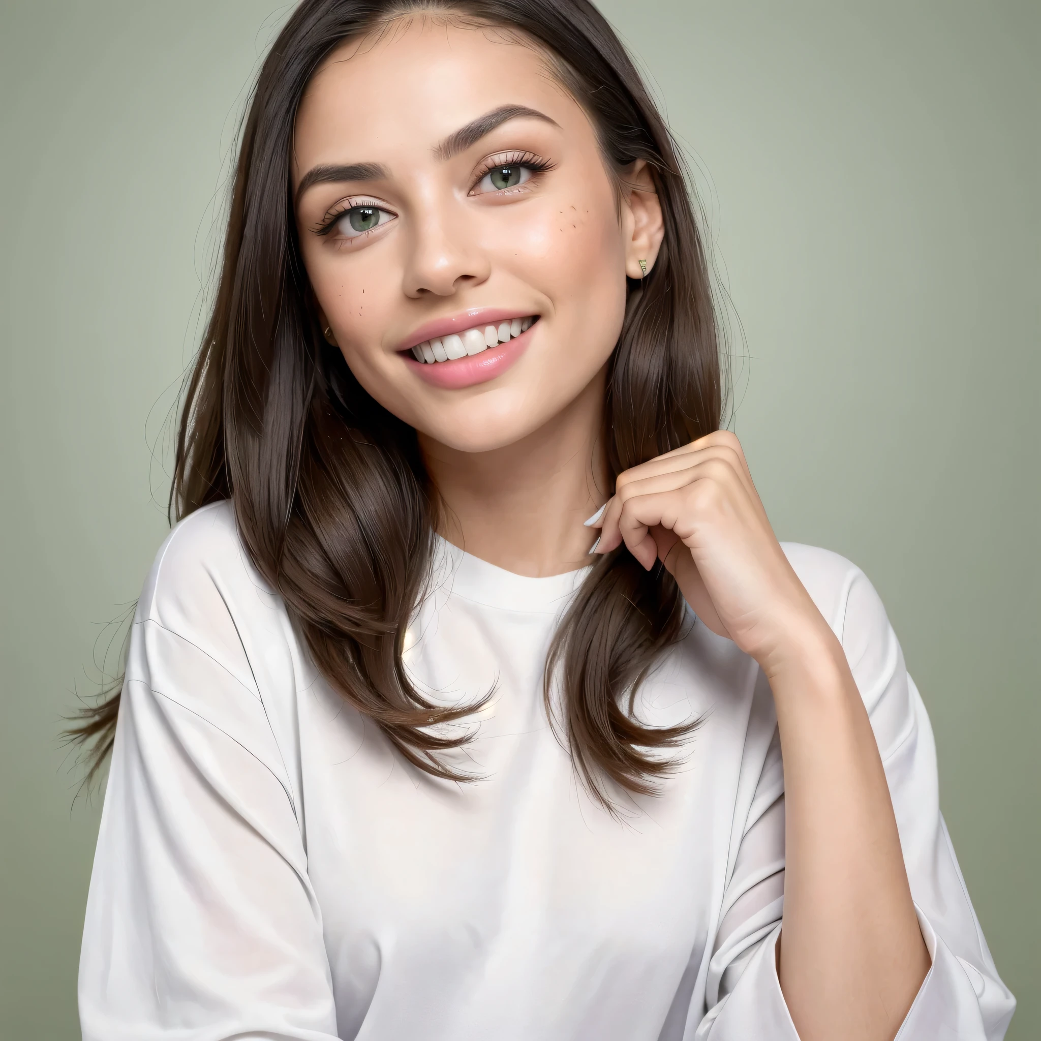 (8k, highest quality, ultra detailed:1.37, mid-range image) 18yo, dentist clinic, setting on the dentist chair, light green eyes, small head, acne,bad skin,small nose, acne skin, real, thick hair, super realistic detailed eyes, a stylish Palestinian women, modest, wearing a long plain black t-shirt, attractive smile, white teeth, showcases her unique fashion sense in a trendy setting. The high-resolution image captures ultra-detailed realism, highlighting confident pose, captivating eyes, big eyes, and flawless complexion.