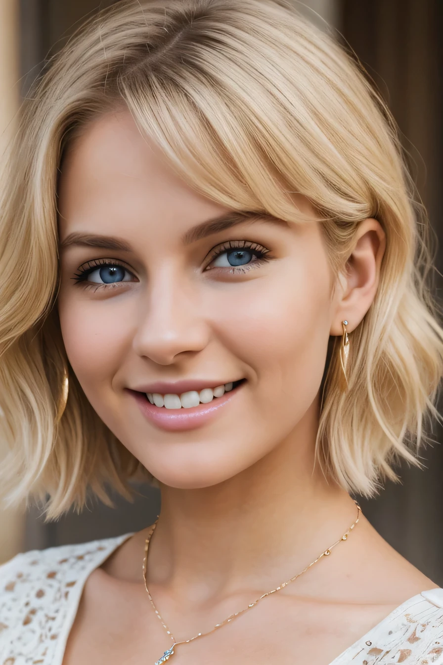 20A beautiful young woman、 White woman、Blonde Hair、Wavy Hair、Short Haircut、blue eyes、Ear piercing、Necklace around the neck、blouse、smile, Beautiful teeth alignment、Intricate details, Very detailed:1.2), 、 Looking at the camera,The background is the town