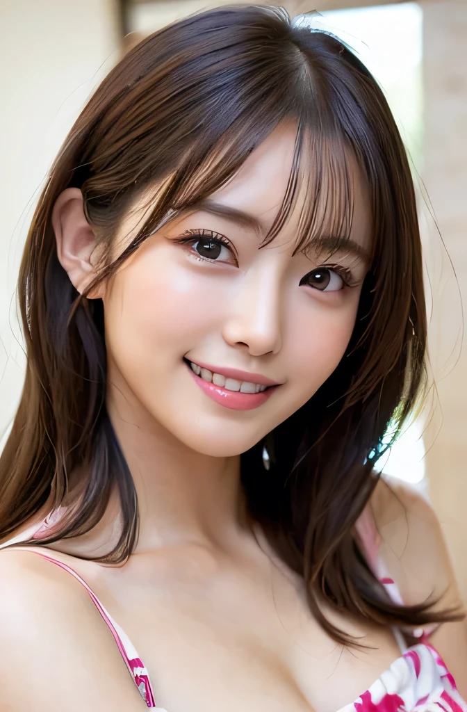 (Ultra-high resolution, highest quality, masterpiece: 1.2), (Realistic, PhotoRealistic: 1.37),yukata、Big Breasts、Medium brown hair、20-year-old gravure idol、Japanese-style room、 look、Sexy pose,cute, Well-formed face,Beautiful,(smile,Happy:1.3),Disheveled Hair, clavicle,