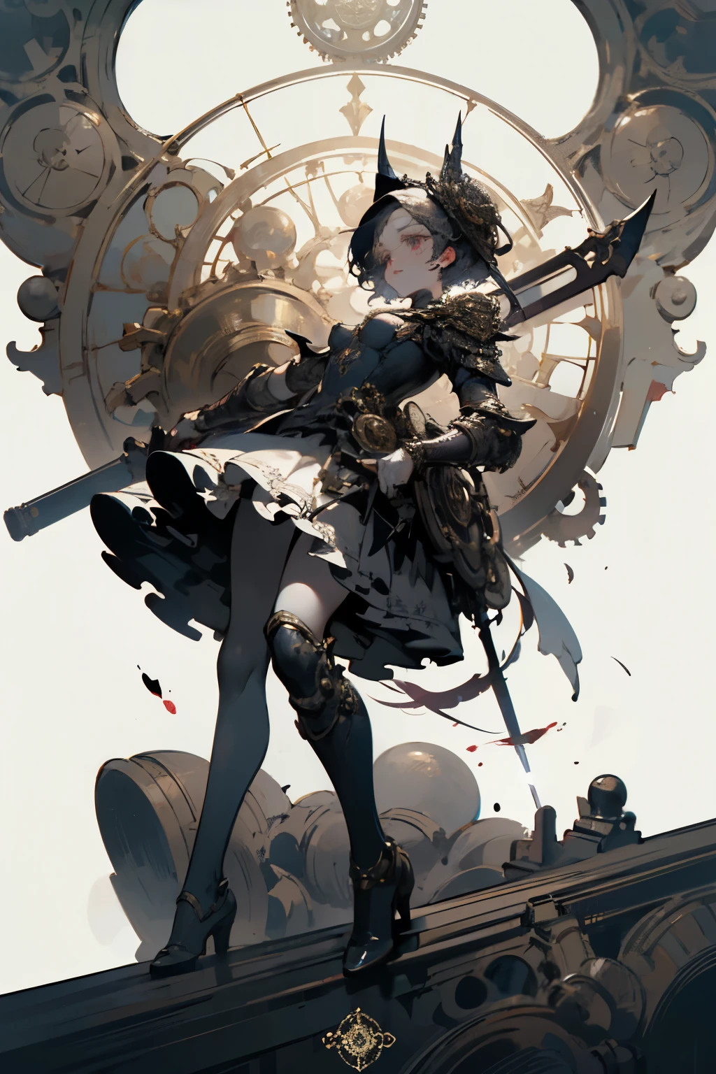 ((best quality)), ((masterpiece)), (detailed), perfect face ((best quality)), ((masterpiece)), (detailed), blank white background, plain background, white background, Bloodborne inspired,  occult aesthetic, occult, detailed and intricate steampunk and detailed gothic, (zentangle, mandala, tangle, entangle),  NSFW, a beautiful goddess adorned and enshrined in armour, Bloodborne inspired , occult aesthetic , occult , detailed and intricate steampunk and detailed gothic , wielding a sword and holding a shield, Fluttering lace flared short dress with frilly petticoats, NSFW, beautiful small breasts, small breasts, full body, whole body, body, 