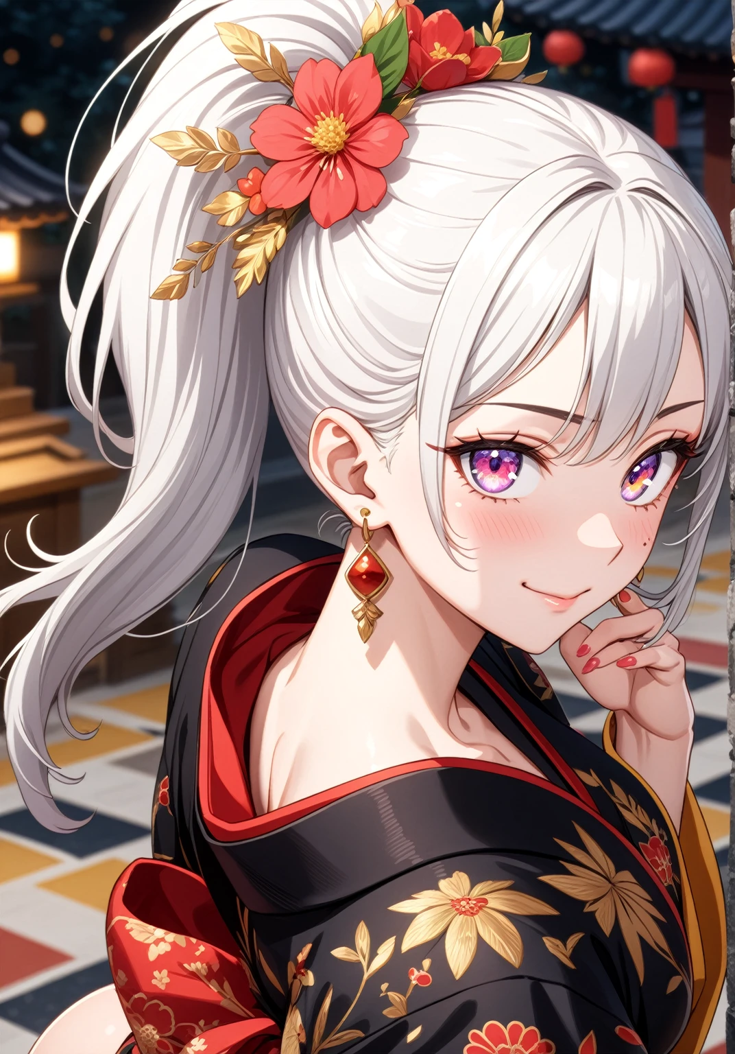 ((one personの女性)), Beautiful Face,Laughing in annoyance,((Wink:1.7)),Laughing with your mouth open,Bright red cheeks,Glossy pink lips,night,Shrine festival s高いs,((Anime style background)),masterpiece, highest quality, so beautiful, Latest, Complex details, (Pink long nails),AI-generated, Complex,High resolution, highest quality, super high quality,3D Images、View your viewers、3D Images,one person,Long white hair,High Ponytail,blue eyes,Anime woman posing for a photo, ((Fine grain、Colorful eyes、Shining Eyes:1.15)),(Squint your eyes:1.1),a hyperRealistic , hyperRealistic , Realistic,Anime woman with long and white hair, Smooth anime CG art, A woman in a colorful kimono with gold embroidery, (Black kimono),Red floral pattern,Long flower hair ornament,Big earrings,,Mature Body,Tall,Big Ass,Fine details,Narrow waist,(Face close-up:1.4),Diagonal Background,(Photographed from diagonally above)