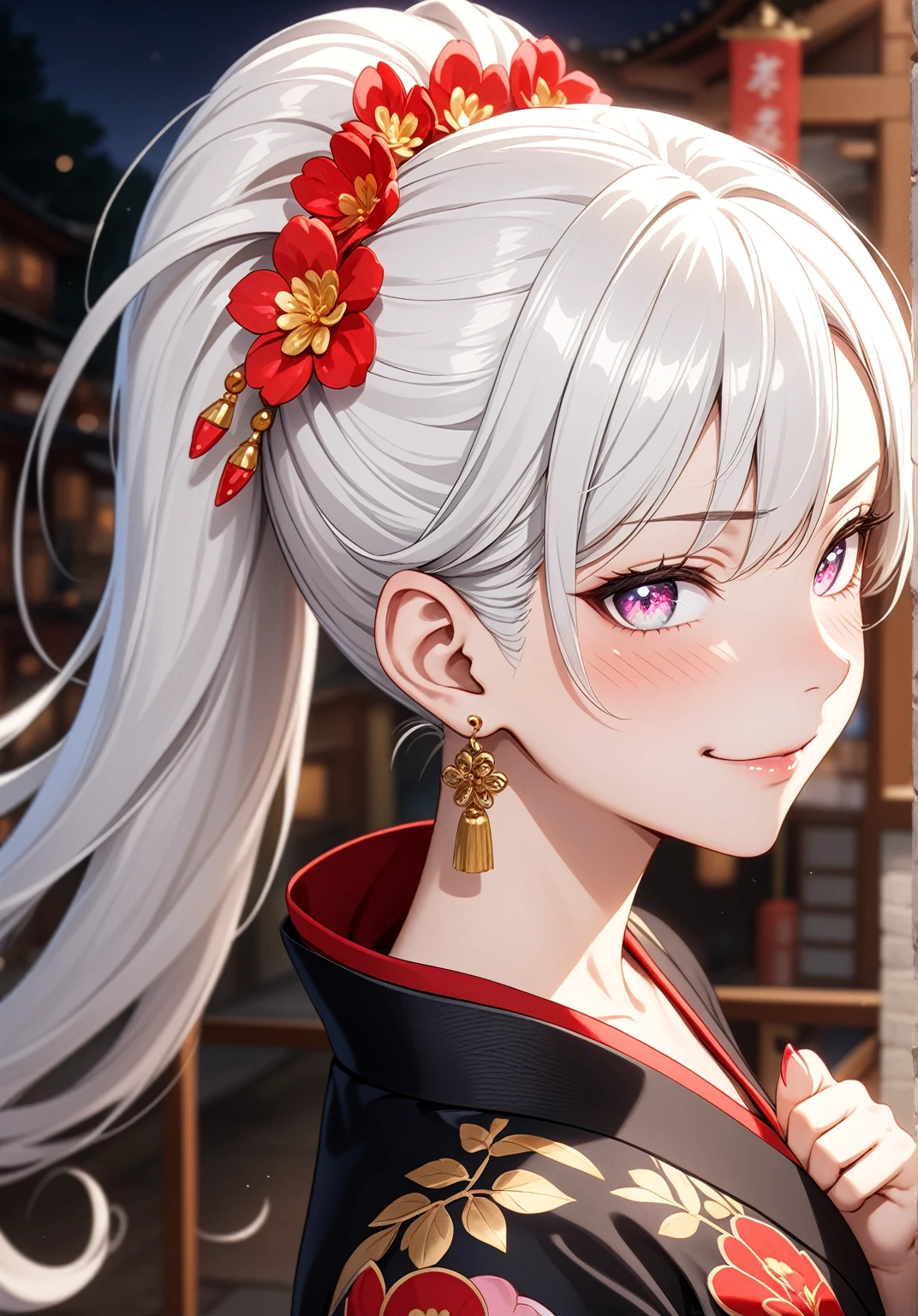 ((one personの女性)), Beautiful Face,Laughing in annoyance,((Wink:1.7)),Laughing with your mouth open,Bright red cheeks,Glossy pink lips,night,Shrine festival s高いs,((Anime style background)),masterpiece, highest quality, so beautiful, Latest, Complex details, (Pink long nails),AI-generated, Complex,High resolution, highest quality, super high quality,3D Images、View your viewers、3D Images,one person,Long white hair,High Ponytail,blue eyes,Anime woman posing for a photo, ((Fine grain、Colorful eyes、Shining Eyes:1.15)),(Squint your eyes:1.1),a hyperRealistic , hyperRealistic , Realistic,Anime woman with long and white hair, Smooth anime CG art, A woman in a colorful kimono with gold embroidery, (Black kimono),Red floral pattern,Long flower hair ornament,Big earrings,,Mature Body,Tall,Big Ass,Fine details,Narrow waist,(Face close-up:1.4),Diagonal Background,(Photographed from diagonally above)