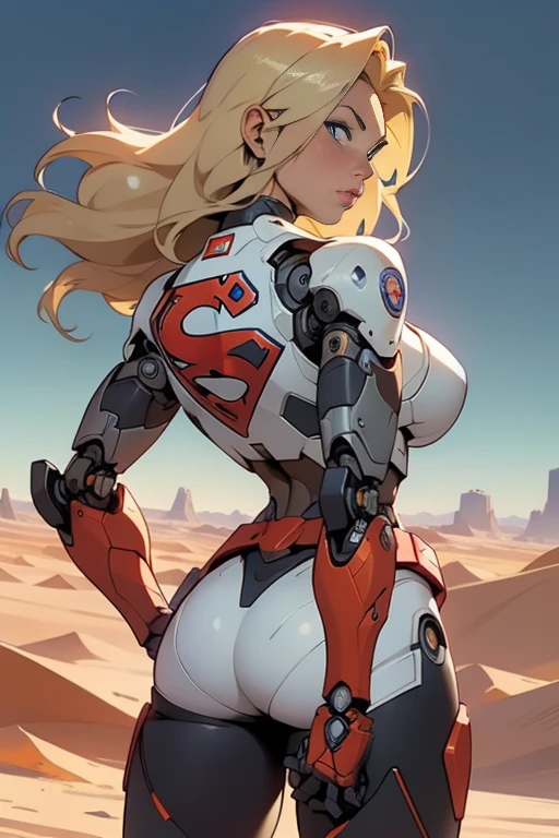 high quality, 4k, masterpiece, beautiful, cyborg girl, white design, large glowing supergirl insignia on her back, cowboy shot, dull blue eyes, back side, turning around to look at viewer, long blonde hair, girl, large breasts, fit thigh, robotic arms, robotic body, cyborg body, red accent, redaccent, intricate detail, joint, detailed lines, robotic detail, 1fist on hip, color robotic parts, robotic parts with color, perfect fingers, on a desert planet, sunny background, colorful desert,