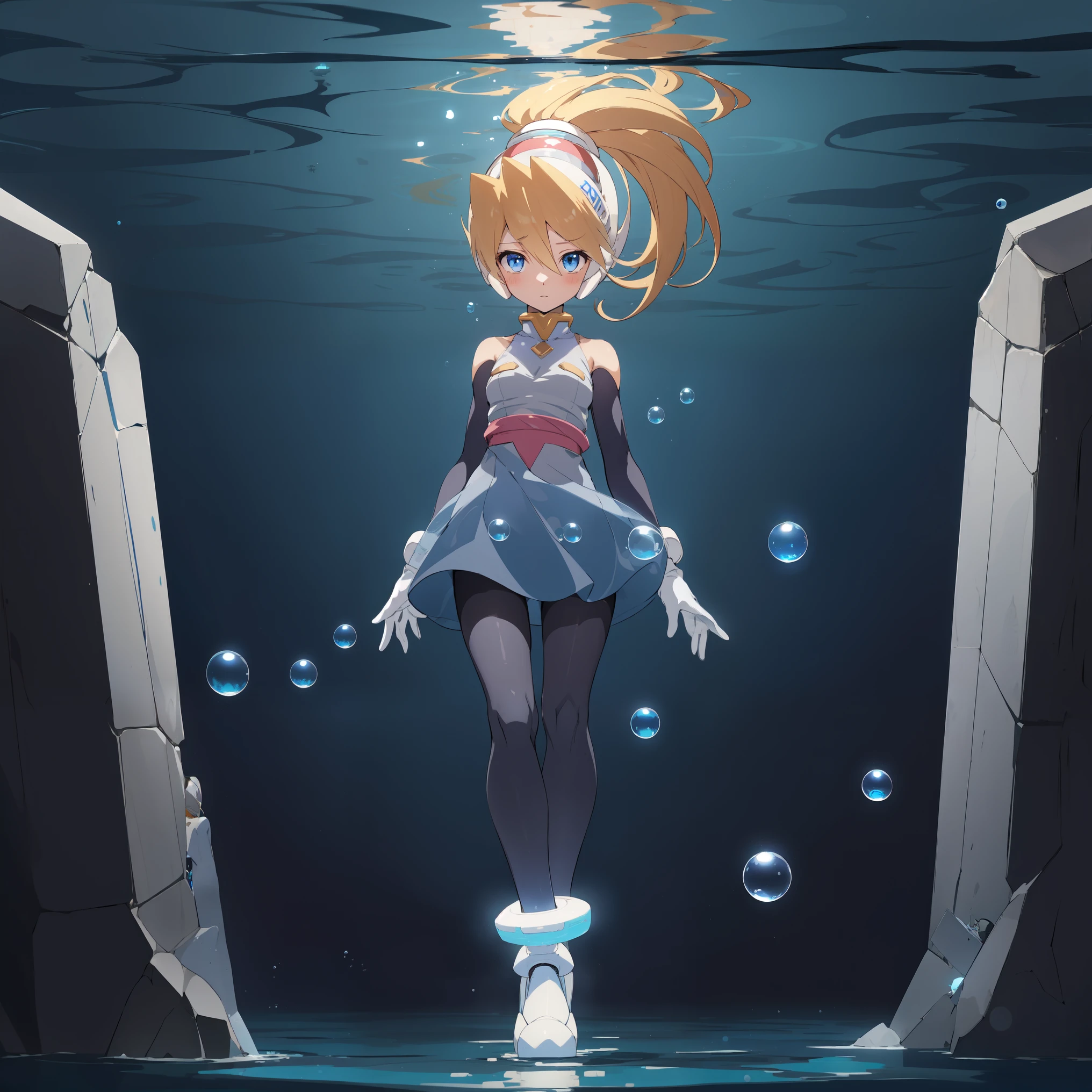 ciel_megamanz, 1girl, solo, long hair, blue eyes, blonde hair, ponytail, headgear, pantyhose, white gloves, high quality, masterpiece, standing in an underwater city with lots of bubbles, in the style of yuumei, intricate architectures, indigo, miniature illumination, daniel f. gerhartz