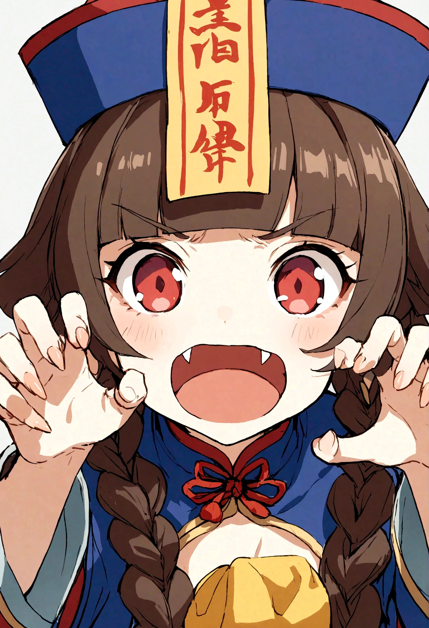 1girl, solo, jiangshi, twin braids, blunt bangs, red eyes,
qingdai guanmao with a ofuda, chinese clothes,
claw pose, small fangs