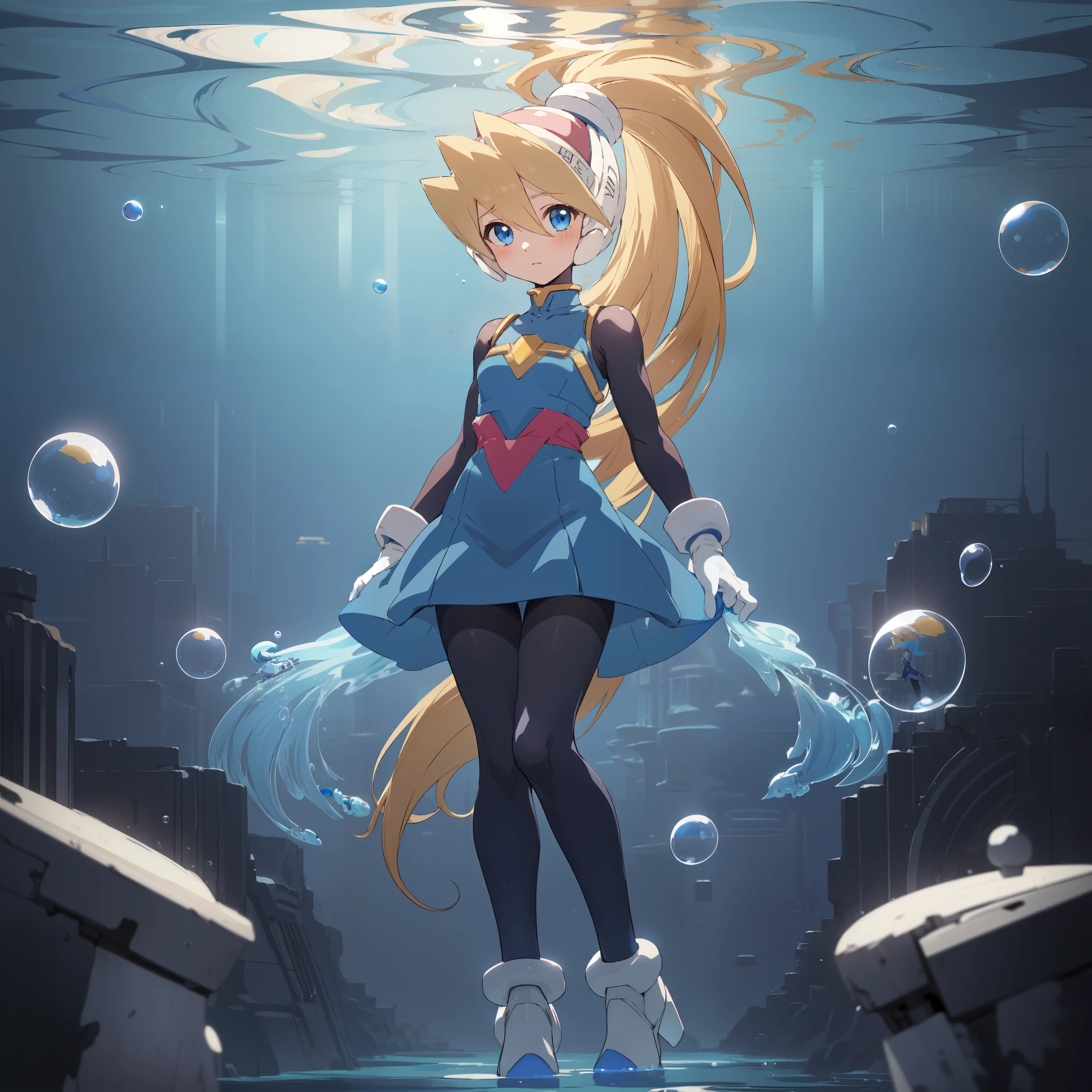 ciel_megamanz, 1girl, solo, long hair, blue eyes, blonde hair, ponytail, headgear, pantyhose, white gloves, high quality, masterpiece, standing in an underwater city with lots of bubbles, in the style of yuumei, intricate architectures, indigo, miniature illumination, daniel f. gerhartz