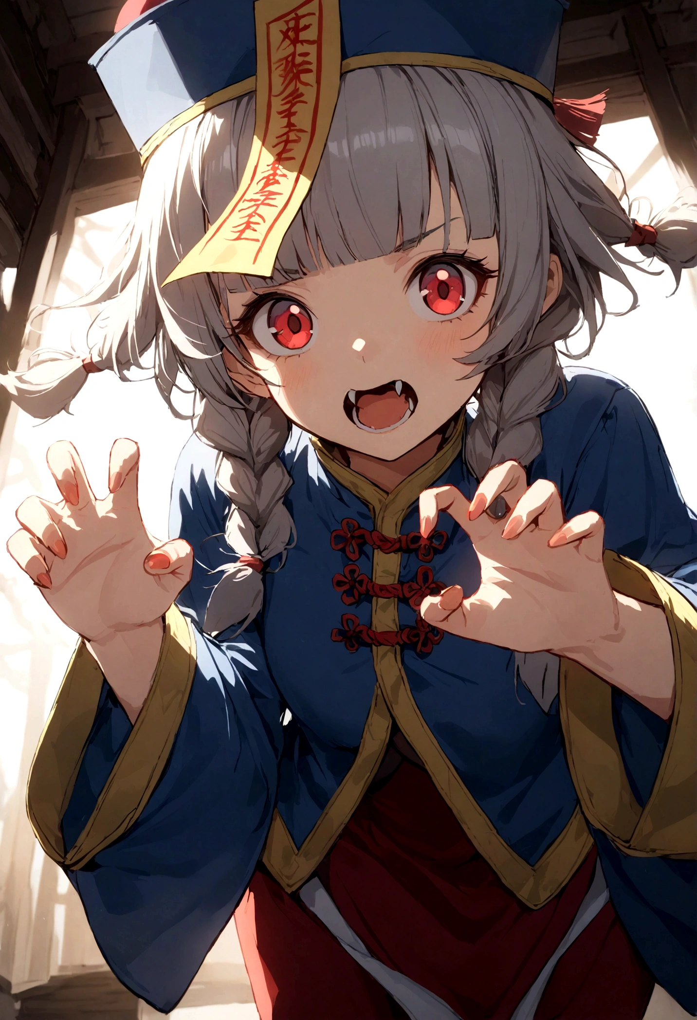 1girl, solo, jiangshi, twin braids, blunt bangs, red eyes,
qingdai guanmao with a ofuda, chinese clothes,
claw pose, small fangs