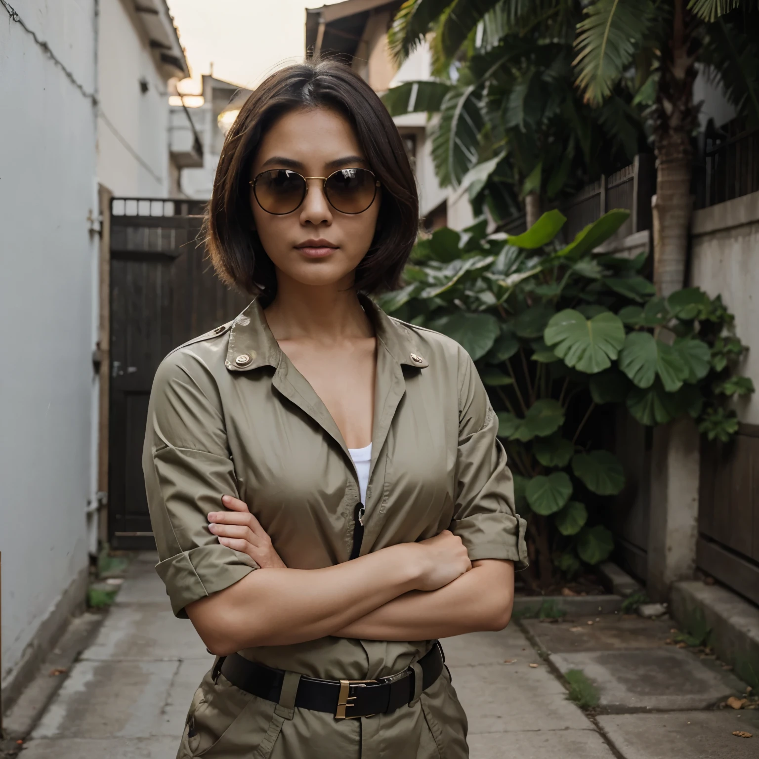 middle aged,Asian,brunette woman,short hair, solider,wear sunglasses, army suit