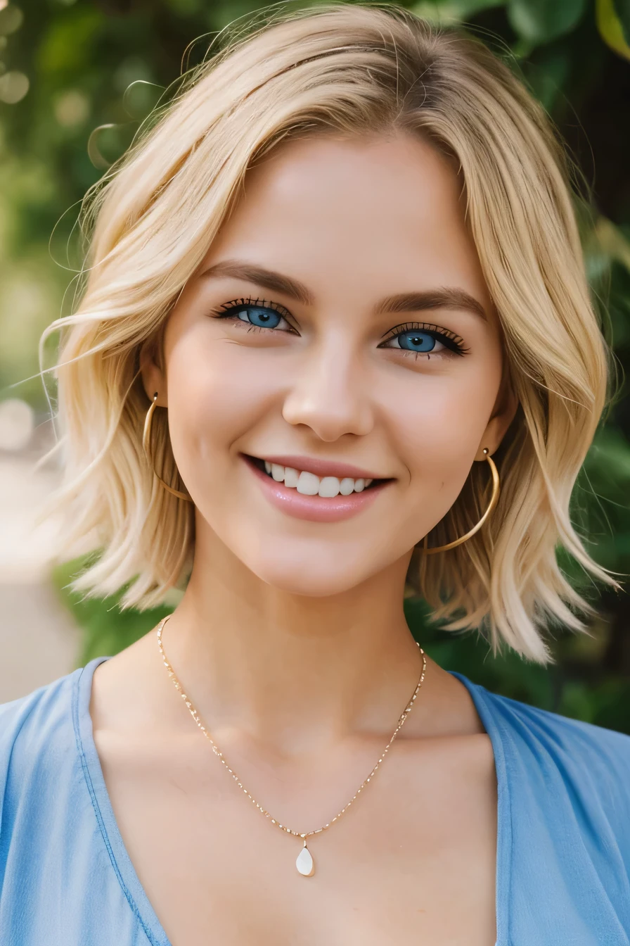 ２０A beautiful young woman、 White woman、Blonde Hair、Wavy Hair、Short Haircut、blue eyes、Ear piercing、Necklace around the neck、blouse、smile, Beautiful teeth alignment、Intricate details, Very detailed:1.2), 、 Looking at the camera,The background is the town

