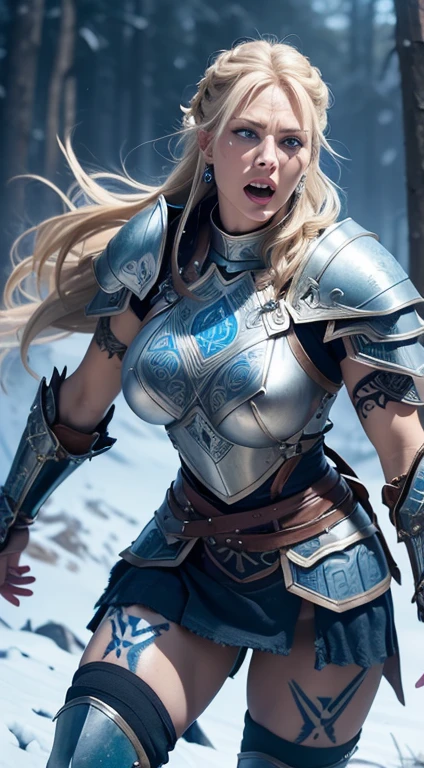 1 gigantic woman, mature woman, solo focus, 45 years old, beautiful Swedish woman, brutish, toned body, blond viking hair, viking leather armor, toned abs, (pale blue skin), bluish eyes, holding battle axe, screaming, masterpiece, ultra HD, insane details, realistic, detailed face, face paint, detailed skin texture, snow forest background, battle field, dynamic angle, berserk,norse, berserker, big arm muscles, leg muscles, (bulky), leather straps, (((medium breasts))),(((blue Norse tattoos))),fit, muscled, detailed face, earrings, ((braided hair)),(((wearing rune etched full plate mail armour))