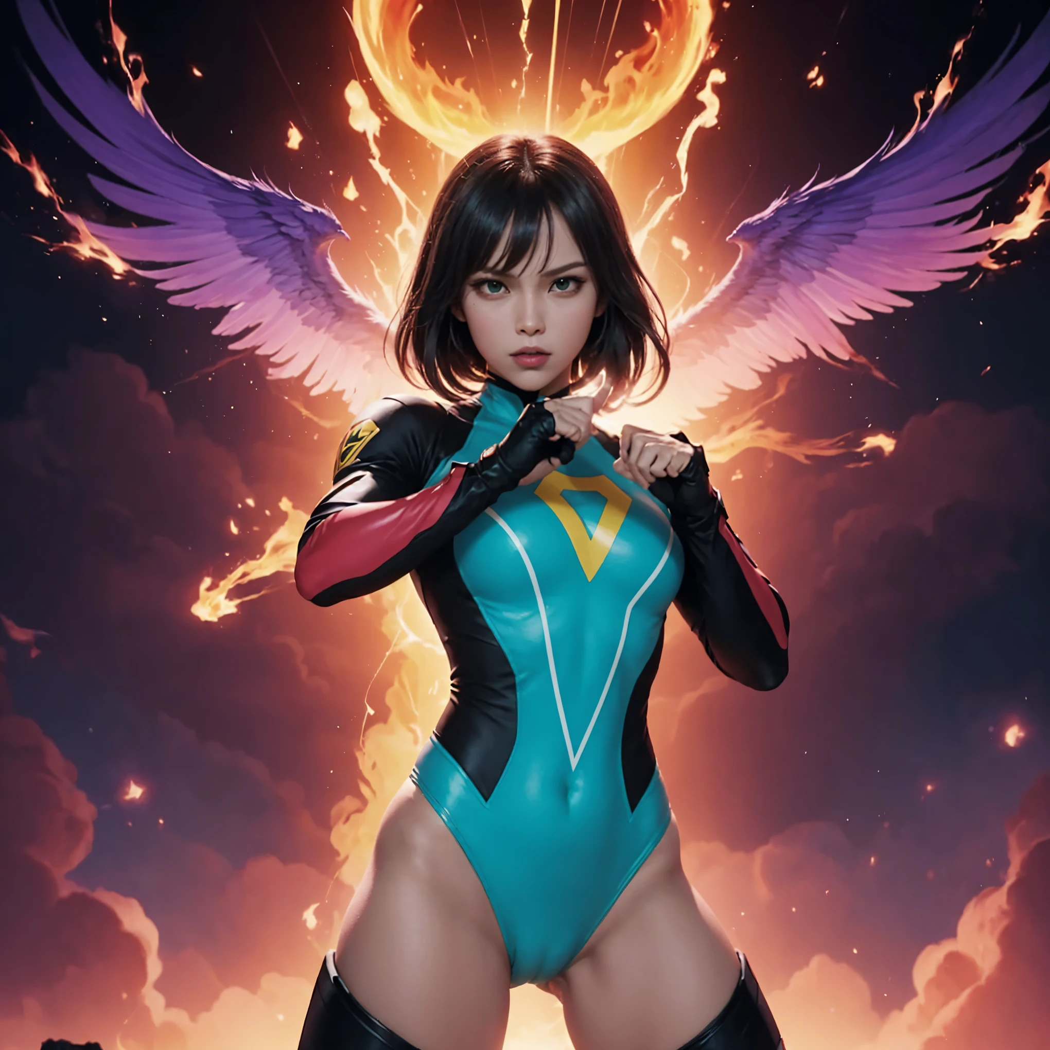 A brave and courageous image of a 6 member ranger team, Each one is decorated in vibrant colors such as:: Pink, red, violet,  Green, yellow, blue black, white,. Dynamic poses in a background that exudes energy and courage, neon, fire, plasma, Fluorescent,  shocking, fighting pose, action pose, Embodying the essence of the classic Sentai superhero team. Each Ranger:: The attire is sophisticated and modern, Each color has elements that reflect its theme., Ready for action. ((?????????)), in cinematic lighting, cover art mixed cinema poster style, 