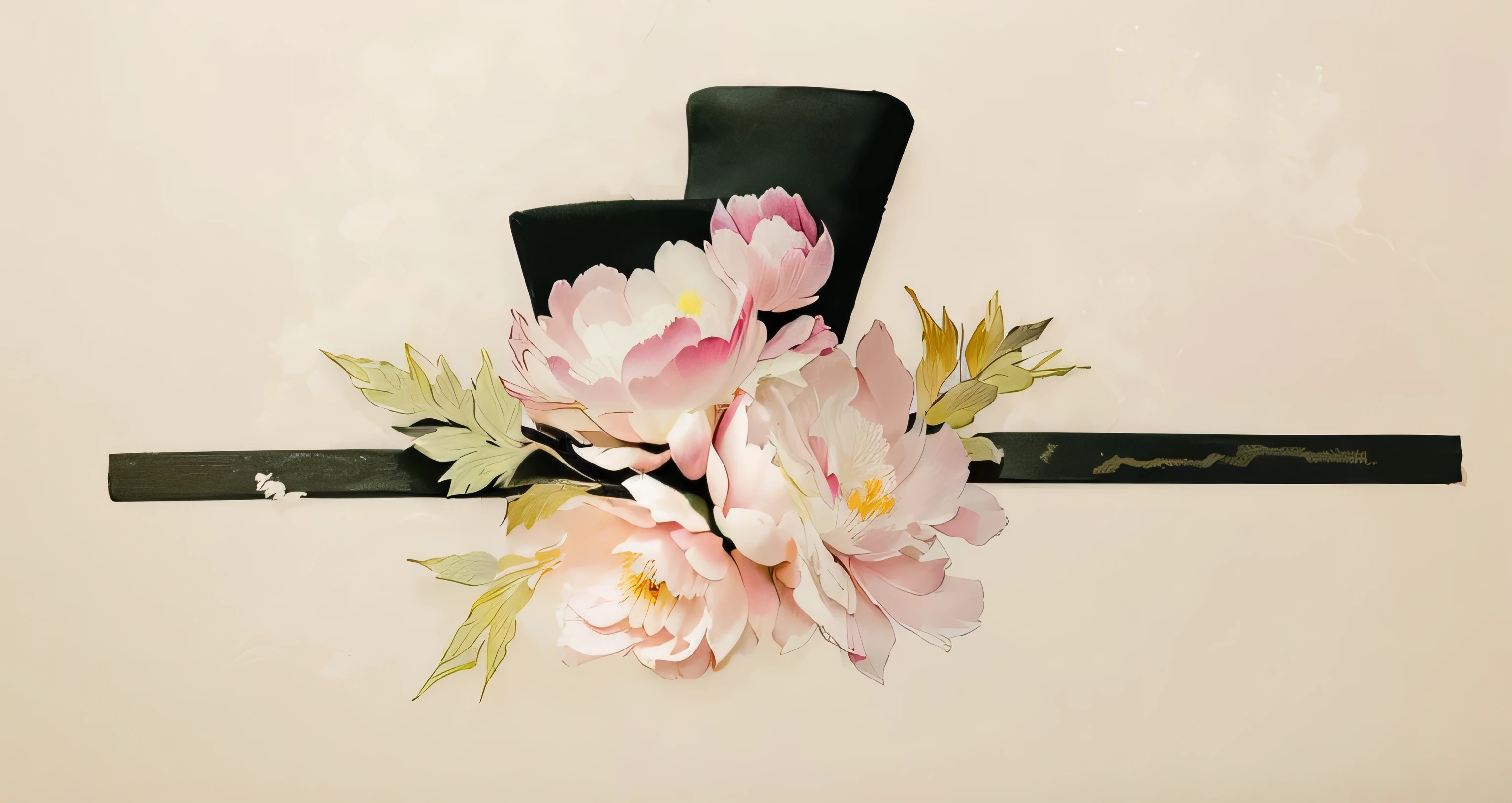 Song Dynasty black gauze hat,Peony flower decoration,Pink and elegant,Fine brushwork ink painting style,White background,Delicate lines,Soft light and shadow,Tranquil atmosphere,classic beauty,Pink flowers,Pink purple flowers
