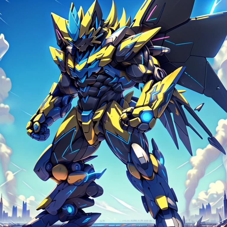 sky, cloud, holding weapon, no_humans, glowing, , giant mechanical Muscular Zeraora, building, glowing eyes, mecha, science fiction, city, realistic, mecha, iant mechanical Muscular Zeraora is trampling the city, NSFW, Zeraora is over 1000 meters long. Additional details: (masterpiece, official art, 8k, best quality) terrifying and imposing design, (smoke and flames rising from the destruction in the background, a lone figure) (high-tech bio-mecha armor, real texture material), (gigantic muscles, Gigachad Muscular, big muscle, pecs, triceps, traps, unusually developed muscular body, body full of huge muscles. showing off muscles, pectorales enormes, Exaggeratedly huge muscles.),(Spread wings, It has wings, have big wings, golden wings), (whole body shines like metal, Wearing cyberpunk mecha, emphasizes the muscles, suit fully made of metal, intricate armor, Robotic suit, suit fully made of metal, cyborg), (giant zeraora, Zeraora's giant robot, Powered exoskeleton with the same design as Zeraora), (Masterpiece, highres) (Detailed head, Detailed Body, Detailed abs, full body, gundam,