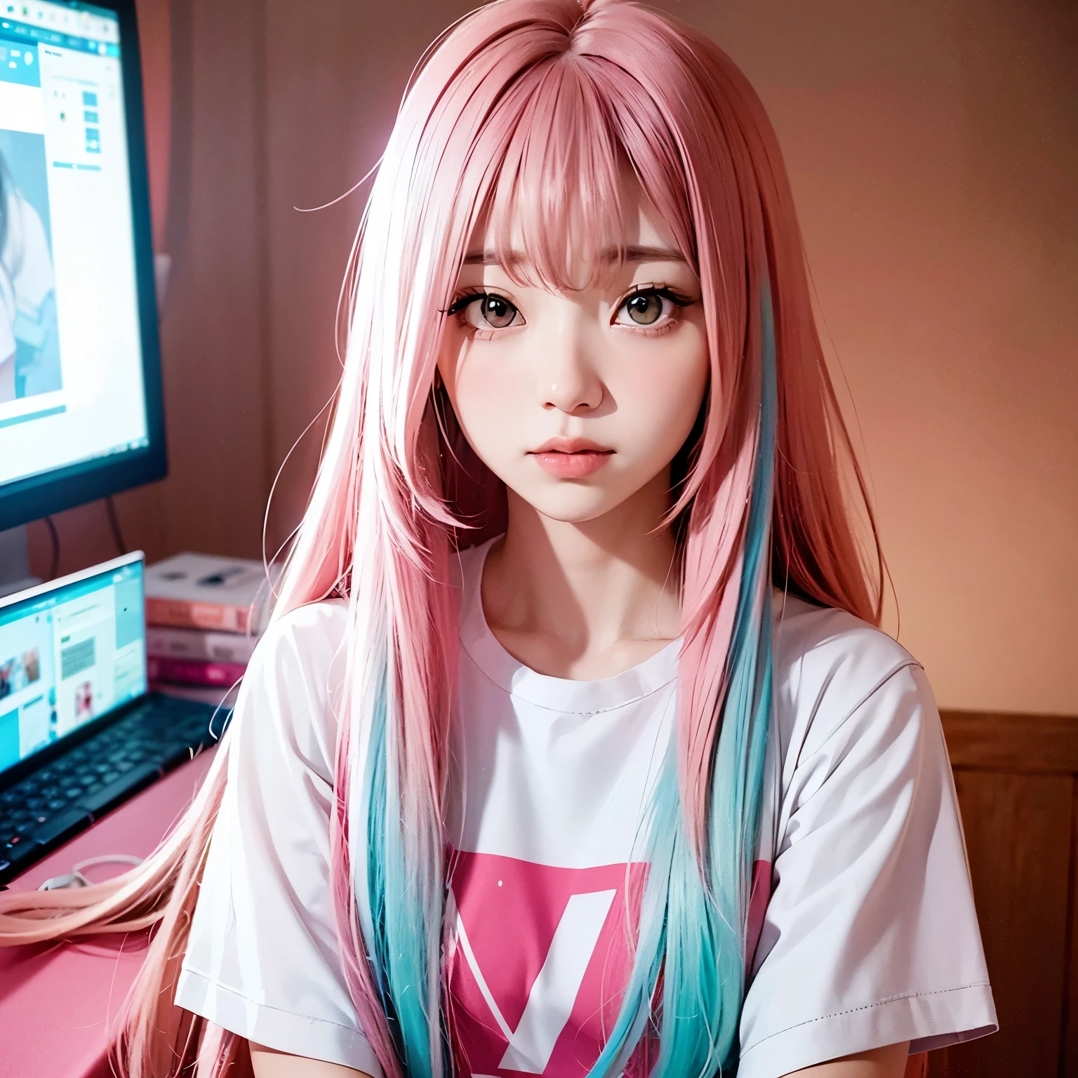 a cute girl with pink and long hair, wearing t-shirt, in front of her pc, looks at the camera, by style of onii kei, dreamy and romantic, light gray and light amber, jagged edges, light teal and light red, timeless beauty, 8k