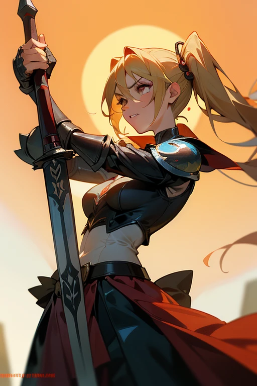 Anime caballera, or anime harley quinn, with long flowing blue/blonde hair and piercing brown eyes. She wears a fitted outfit consisting of a leather harley quinn armor vest and a flowing skirt. In one hand, she holds a sleek, shiny espada, or sword, its edge gleaming in the sunlight. determination in her gaze as she prepares for a lucha, or fight, against an invisible foe. Sweat beads on her brow, and her lips are pressed into a tight line as she focuses her energy for the impending battle. The setting sun casts an orange glow over the scene, highlighting the contours of her muscular form and the intricate details of her armor. She stands po