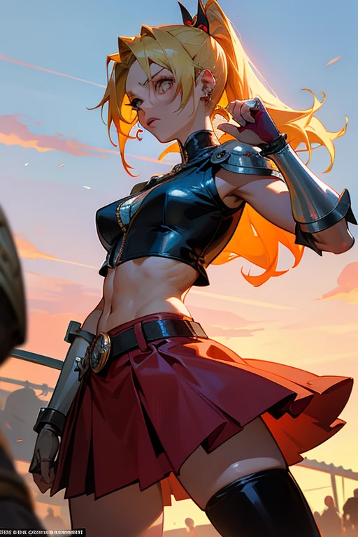 Anime caballera, or anime harley quinn, with long flowing blue/blonde hair and piercing brown eyes. She wears a fitted outfit consisting of a leather harley quinn armor vest and a flowing skirt. In one hand, she holds a sleek, shiny espada, or sword, its edge gleaming in the sunlight. determination in her gaze as she prepares for a lucha, or fight, against an invisible foe. Sweat beads on her brow, and her lips are pressed into a tight line as she focuses her energy for the impending battle. The setting sun casts an orange glow over the scene, highlighting the contours of her muscular form and the intricate details of her armor. She stands po