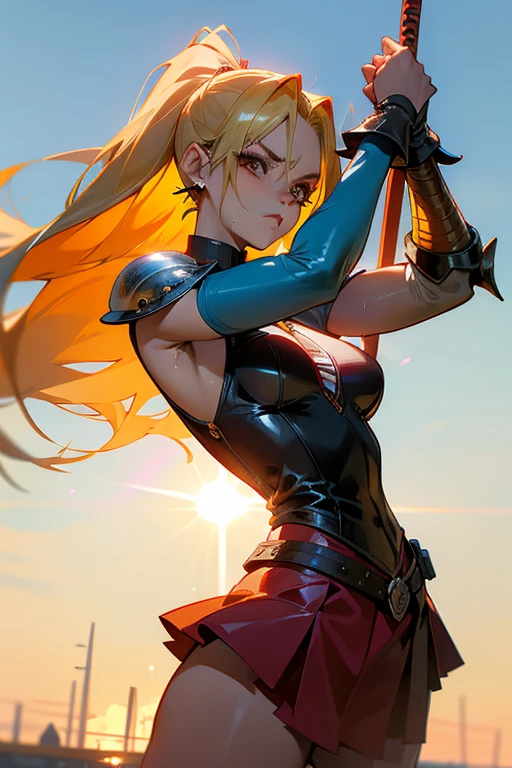 Anime caballera, or anime harley quinn, with long flowing blue/blonde hair and piercing brown eyes. She wears a fitted outfit consisting of a leather harley quinn armor vest and a flowing skirt. In one hand, she holds a sleek, shiny espada, or sword, its edge gleaming in the sunlight. determination in her gaze as she prepares for a lucha, or fight, against an invisible foe. Sweat beads on her brow, and her lips are pressed into a tight line as she focuses her energy for the impending battle. The setting sun casts an orange glow over the scene, highlighting the contours of her muscular form and the intricate details of her armor. She stands po