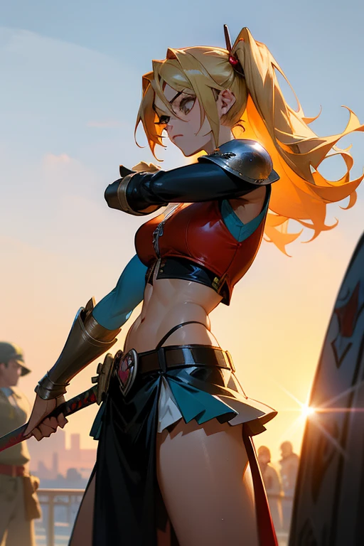 Anime caballera, or anime harley quinn, with long flowing blue/blonde hair and piercing brown eyes. She wears a fitted outfit consisting of a leather harley quinn armor vest and a flowing skirt. In one hand, she holds a sleek, shiny espada, or sword, its edge gleaming in the sunlight. determination in her gaze as she prepares for a lucha, or fight, against an invisible foe. Sweat beads on her brow, and her lips are pressed into a tight line as she focuses her energy for the impending battle. The setting sun casts an orange glow over the scene, highlighting the contours of her muscular form and the intricate details of her armor. She stands po