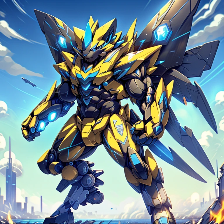 sky, cloud, holding weapon, no_humans, glowing, , giant mechanical Muscular Zeraora, building, glowing eyes, mecha, science fiction, city, realistic, mecha, iant mechanical Muscular Zeraora is trampling the city, NSFW, Zeraora is over 1000 meters long. Additional details: (masterpiece, official art, 8k, best quality) terrifying and imposing design, (smoke and flames rising from the destruction in the background, a lone figure) (high-tech bio-mecha armor, real texture material), (gigantic muscles, Gigachad Muscular, big muscle, pecs, triceps, traps, unusually developed muscular body, body full of huge muscles. showing off muscles, pectorales enormes, Exaggeratedly huge muscles.),(Spread wings, It has wings, have big wings, golden wings), (whole body shines like metal, Wearing cyberpunk mecha, emphasizes the muscles, suit fully made of metal, intricate armor, Robotic suit, suit fully made of metal, cyborg), (giant zeraora, Zeraora's giant robot, Powered exoskeleton with the same design as Zeraora), (Masterpiece, highres) (Detailed head, Detailed Body, Detailed abs, full body, gundam,