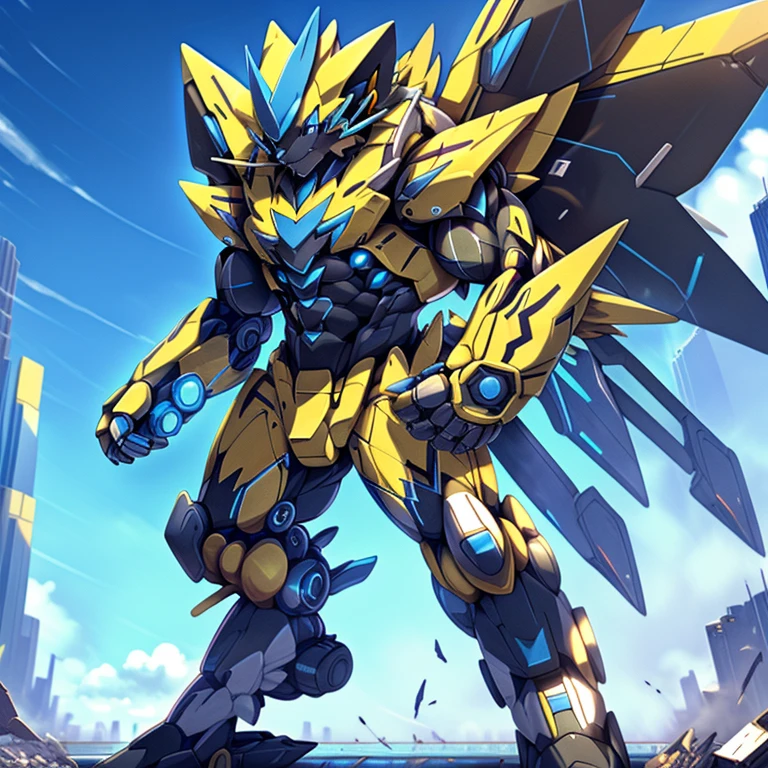 sky, cloud, holding weapon, no_humans, glowing, , giant mechanical Muscular Zeraora, building, glowing eyes, mecha, science fiction, city, realistic, mecha, iant mechanical Muscular Zeraora is trampling the city, NSFW, Zeraora is over 1000 meters long. Additional details: (masterpiece, official art, 8k, best quality) terrifying and imposing design, (smoke and flames rising from the destruction in the background, a lone figure) (high-tech bio-mecha armor, real texture material), (gigantic muscles, Gigachad Muscular, big muscle, pecs, triceps, traps, unusually developed muscular body, body full of huge muscles. showing off muscles, pectorales enormes, Exaggeratedly huge muscles.),(Spread wings, It has wings, have big wings, golden wings), (whole body shines like metal, Wearing cyberpunk mecha, emphasizes the muscles, suit fully made of metal, intricate armor, Robotic suit, suit fully made of metal, cyborg), (giant zeraora, Zeraora's giant robot, Powered exoskeleton with the same design as Zeraora), (Masterpiece, highres) (Detailed head, Detailed Body, Detailed abs, full body, gundam,