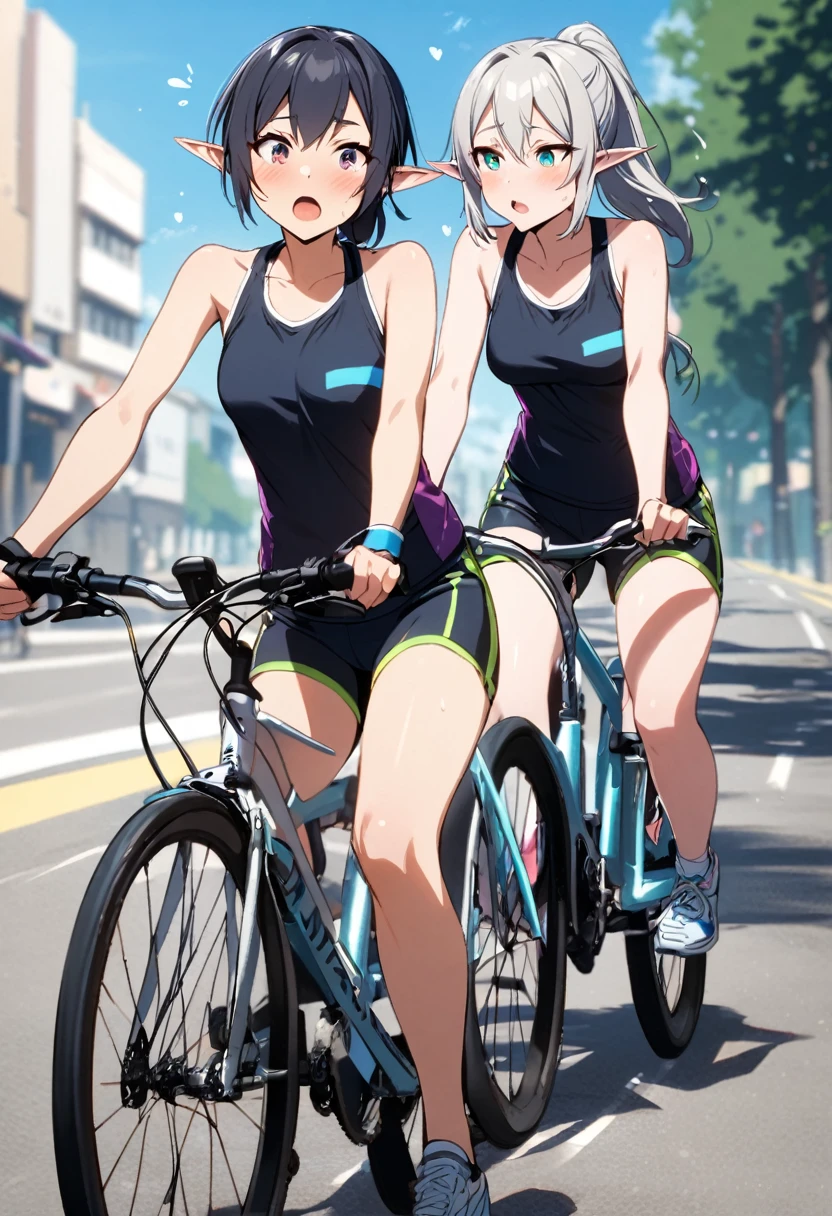 Two elf girls kiss while riding bicycles, in running shorts, short shorts,
