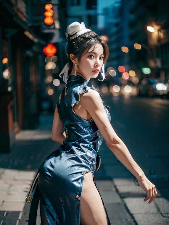 "(Exquisitely drawn CG Unity 8k wallpaper, Masterpiece quality with stunning realism), (Best lighting, Best Shadow), (highest quality), (Elegant and devilish style:1.2), Artistic modern anime. Diagonal view, A close-up full-body portrait of a stunningly beautiful mature Chun-Li from Street Fighter。 ((Dark brown hair:1)), ((White lace-up boots:.5)), Dynamic pose, (Blue Chinese Dress:1.5), Amazing body, in china at night with neon lights, Shy and shy、Frivolous、Sexy、Cute expression, The body is slim, Very decorative and detailed, Brown see-through pantyhose, Depth of field blur effect, night, Full Zoom, Action Portrait, Realistic. Cinema Lighting, Very detailed. highest quality, 4K, Better Hands, Perfect Anatomy, Shortening effect, Shy and shyセクシーな表情, Makes legs look shorter, (Sharp Eye:0.8), Surrounded by an ominous and dark atmosphere, Dramatic and striking lighting accents, Surreal fantasy feel". (Wearing white laced military boots:1), (night:1), (Side view:.5), (Lifted my butt:1), (metal spike bracelet:1), (Leaning forward:1), (White ribbon flowing from hair bun:1.5) (Front view:1)