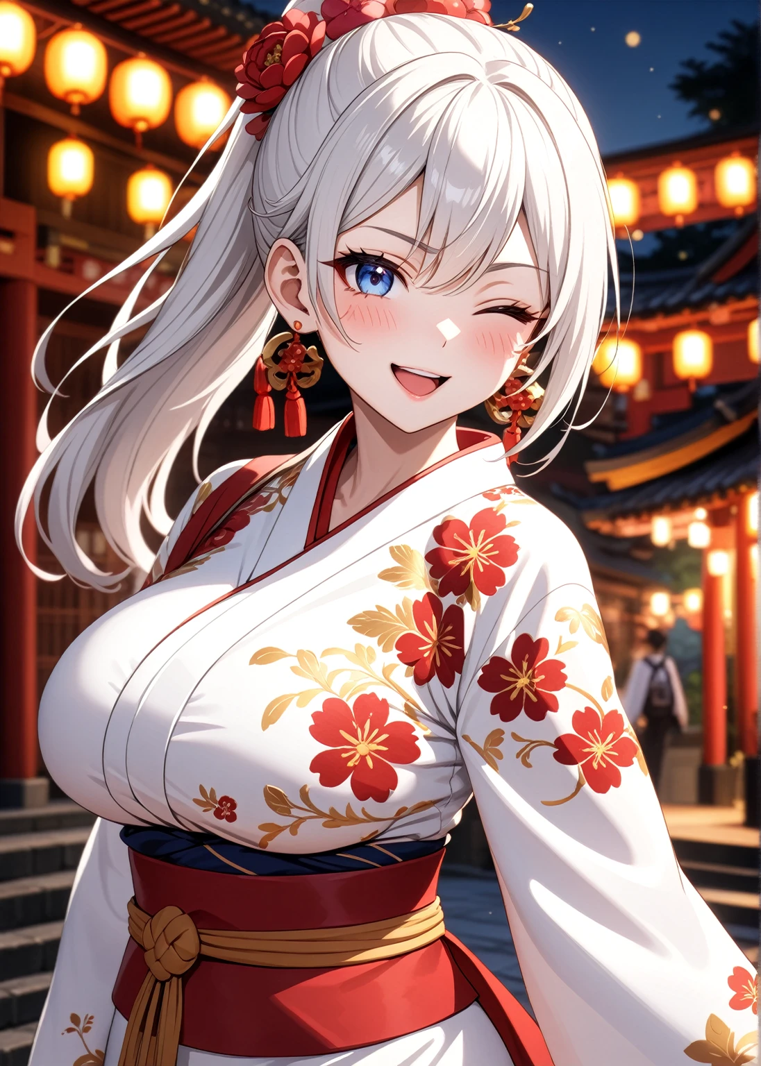 ((one personの女性)), Beautiful Face,Laughing in annoyance,((Wink:1.7)),Laughing with your mouth open,Bright red cheeks,Glossy pink lips,night,Shrine festival s高いs,((Anime style background)),masterpiece, highest quality, so beautiful, Latest, Complex details, (Pink long nails),AI-generated, Complex,High resolution, highest quality, super high quality,3D Images、View your viewers、3D Images,one person,Long white hair,High Ponytail,blue eyes,Anime woman posing for a photo, [[Fine grain、Colorful eyes、Shining Eyes:1.15]],(Squint your eyes:1.1),a hyperRealistic , hyperRealistic , Realistic,Anime woman with long and white hair, Smooth anime CG art, A woman in a colorful kimono with gold embroidery, (White kimono),Red floral pattern,Long flower hair ornament,Big earrings,Mature Body,(Big Breasts:1.2),Tall,Big Ass,Fine details,Narrow waist,(Face close-up:1.5),Diagonal Background,Bending the hips