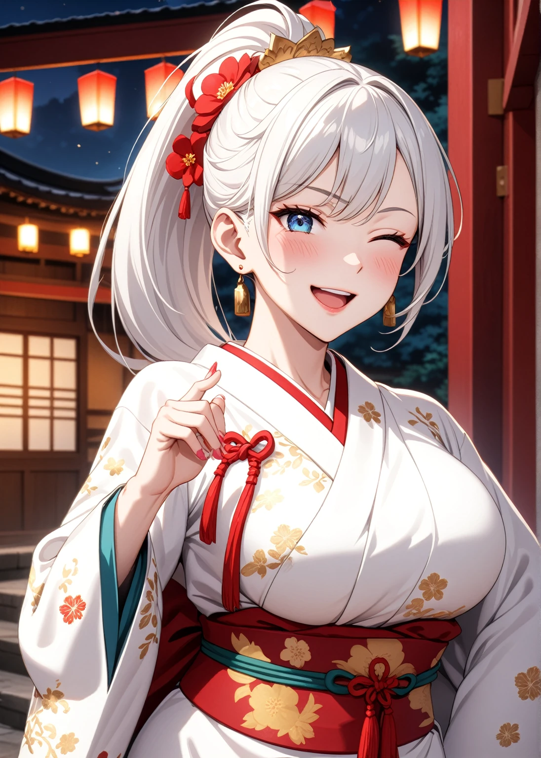 ((one personの女性)), Beautiful Face,Laughing in annoyance,((Wink:1.7)),Laughing with your mouth open,Bright red cheeks,Glossy pink lips,night,Shrine festival s高いs,((Anime style background)),masterpiece, highest quality, so beautiful, Latest, Complex details, (Pink long nails),AI-generated, Complex,High resolution, highest quality, super high quality,3D Images、View your viewers、3D Images,one person,Long white hair,High Ponytail,blue eyes,Anime woman posing for a photo, [[Fine grain、Colorful eyes、Shining Eyes:1.15]],(Squint your eyes:1.1),a hyperRealistic , hyperRealistic , Realistic,Anime woman with long and white hair, Smooth anime CG art, A woman in a colorful kimono with gold embroidery, (White kimono),Red floral pattern,Long flower hair ornament,Big earrings,Mature Body,(Big Breasts:1.2),Tall,Big Ass,Fine details,Narrow waist,(Face close-up:1.5),Diagonal Background,Bending the hips