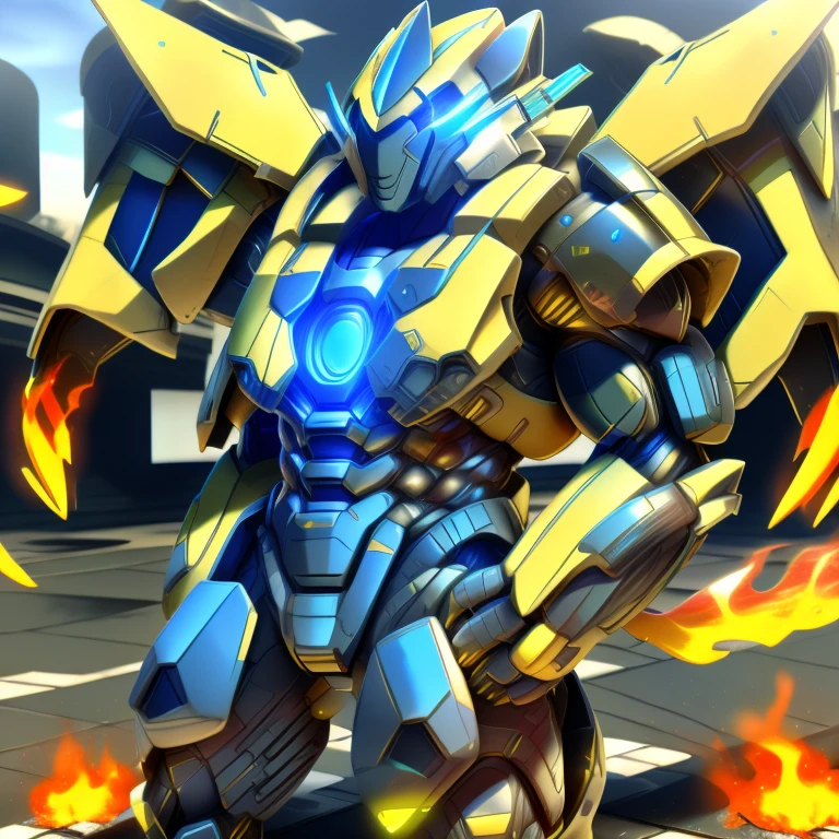 sky, cloud, holding weapon, no_humans, glowing, , giant mechanical Muscular Zeraora, building, glowing eyes, mecha, science fiction, city, realistic, mecha, iant mechanical Muscular Zeraora is trampling the city, NSFW, Zeraora is over 1000 meters long. Additional details: (masterpiece, official art, 8k, best quality) terrifying and imposing design, (smoke and flames rising from the destruction in the background, a lone figure) (high-tech bio-mecha armor, real texture material), (gigantic muscles, Gigachad Muscular, big muscle, pecs, triceps, traps, unusually developed muscular body, body full of huge muscles. showing off muscles, pectorales enormes, Exaggeratedly huge muscles.),(Spread wings, It has wings, have big wings, golden wings), (whole body shines like metal, Wearing cyberpunk mecha, emphasizes the muscles, suit fully made of metal, intricate armor, Robotic suit, suit fully made of metal, cyborg), (giant zeraora, Zeraora's giant robot, Powered exoskeleton with the same design as Zeraora), (Masterpiece, highres) (Detailed head, Detailed Body, Detailed abs, full body, gundam,