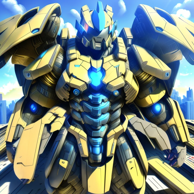 sky, cloud, holding weapon, no_humans, glowing, , giant mechanical Muscular Zeraora, building, glowing eyes, mecha, science fiction, city, realistic, mecha, iant mechanical Muscular Zeraora is trampling the city, NSFW, Zeraora is over 1000 meters long. Additional details: (masterpiece, official art, 8k, best quality) terrifying and imposing design, (smoke and flames rising from the destruction in the background, a lone figure) (high-tech bio-mecha armor, real texture material), (gigantic muscles, Gigachad Muscular, big muscle, pecs, triceps, traps, unusually developed muscular body, body full of huge muscles. showing off muscles, pectorales enormes, Exaggeratedly huge muscles.),(Spread wings, It has wings, have big wings, golden wings), (whole body shines like metal, Wearing cyberpunk mecha, emphasizes the muscles, suit fully made of metal, intricate armor, Robotic suit, suit fully made of metal, cyborg), (giant zeraora, Zeraora's giant robot, Powered exoskeleton with the same design as Zeraora), (Masterpiece, highres) (Detailed head, Detailed Body, Detailed abs, full body, gundam,