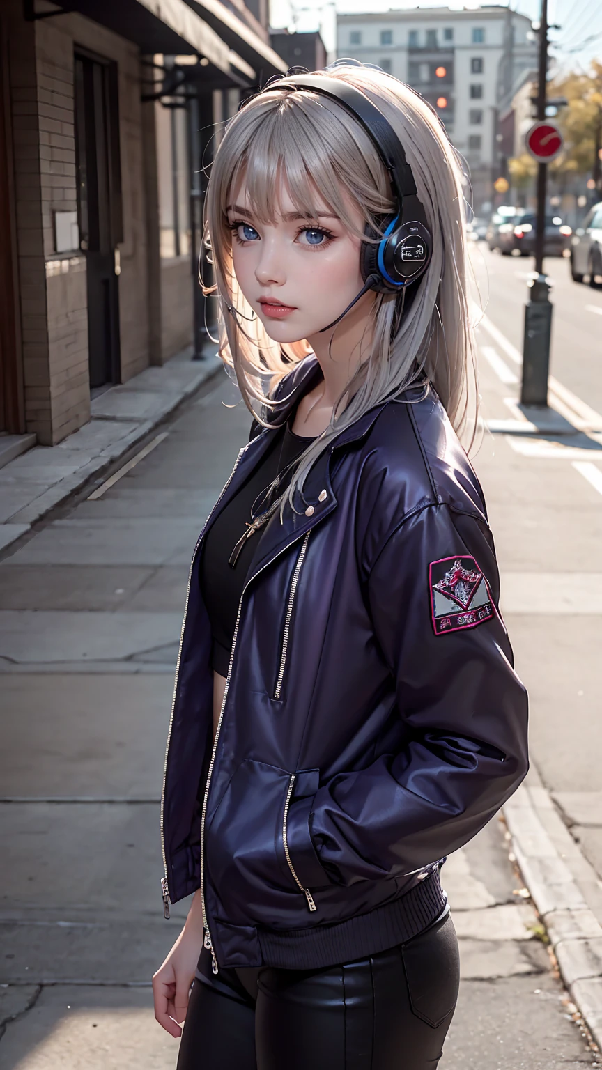 One girl, Gray Hair, Long Hair, Techwear masterpiece, highest quality, Realistic, realism, Dark purple jacket, Portraiture, Fine grain, Wearing the headset, Platinum Hair, 21 year old girl, Fashion pose, Half Body, Wide shot, on the road, cyber punk