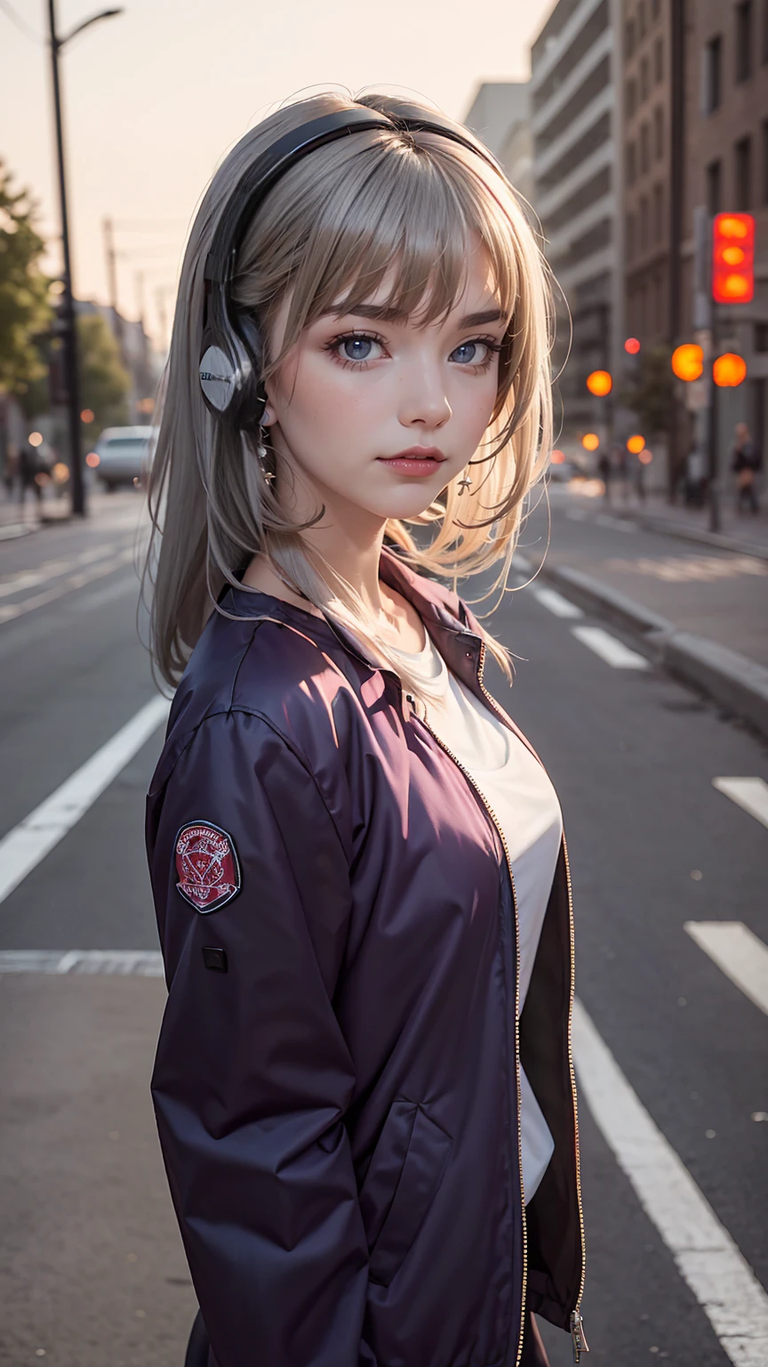 One girl, Gray Hair, Long Hair, Techwear masterpiece, highest quality, Realistic, realism, Dark purple jacket, Portraiture, Fine grain, Wearing the headset, Platinum Hair, 21 year old girl, Fashion pose, Half Body, Wide shot, on the road, cyber punk