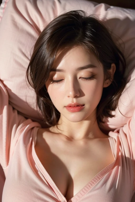 One Girl, Small breasts,, (8k, RAW Photos, highest quality, masterpiece:1.2),(Realistic, photo-Realistic:1.37),Very delicate and beautiful,8k,In detail,Beautiful details,highest quality,Ultra-high resolution,((Very detailed)),(photo-Realistic:1.37),(((short hair)))、right eye:((Mole on the corner of the eye))、((Tight waist))、(thin)、(bed)、((double eyelid))、((Are sleeping))、((Tear bags))、((pajamas))、(Eyes closed)