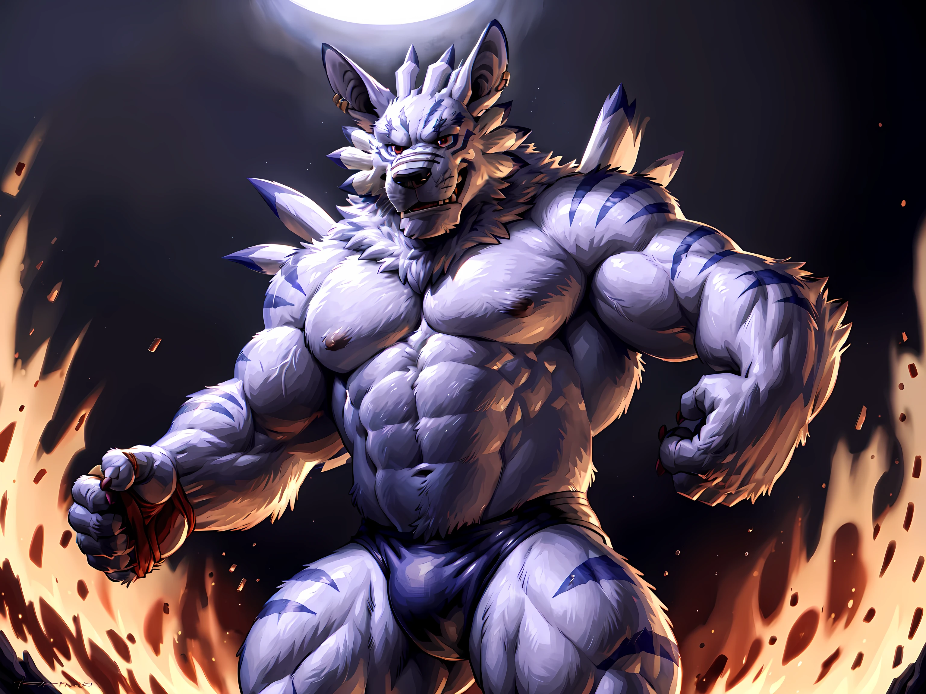 weregarurumon, 4k, high resolution, best quality, detailed, posted on e621, solo, anthro body, older male, masculine, male, very masculine, (very muscular, defined muscles):1.2, (plain background, explosive background:1.1), correct anatomy, (red eyes, detailed eyes:1.1), detailed face, detailed head, sexy, (cel shaded, cartoony shading, strong shadows, dramatic lighting):1.3, confident, (by wfa, by takemoto arashi, by meesh, by Taran Fiddler), strong, (half body, upper body:1.1), stern face, mwvector, flexing arms, flexing biceps, speedos,