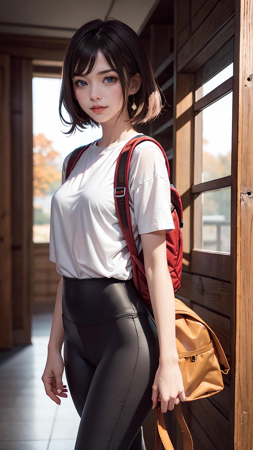 American Autumn Forest、lake、24 year old Caucasian female、trekking、smile、Carry your backpack、Wear leggings、Wear a window breaker