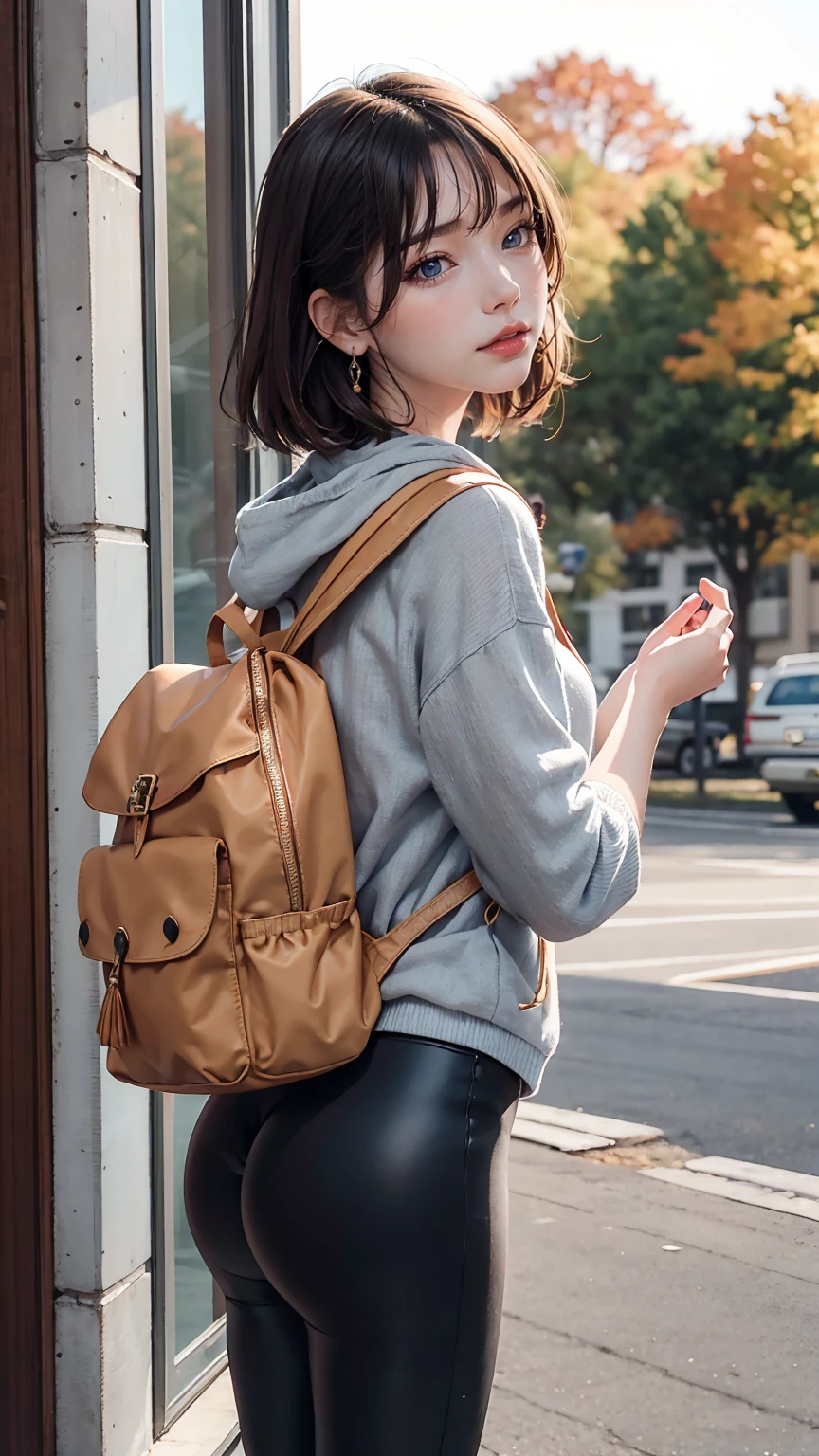 American Autumn Forest、lake、24 year old Caucasian female、trekking、smile、Carry your backpack、Wear leggings、Wear a window breaker