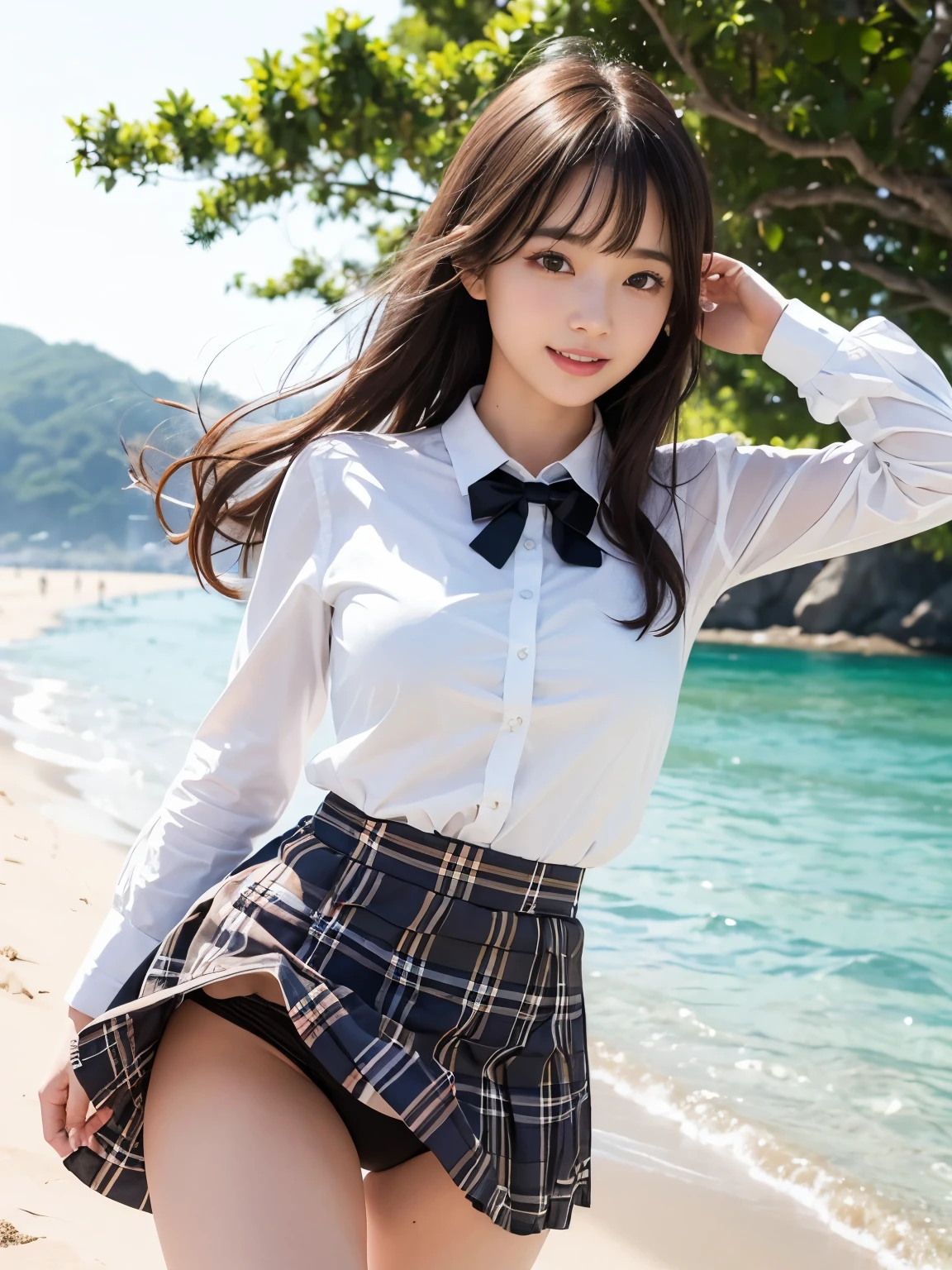ultra highres,(reality: 1.4),highest quality, masterpiece, high detail, 16K quality, beautiful, 1 beautiful girl,japanese,super beautiful face,,japanese idol face,cute face,super detailed face,detailed hand,beautiful skin,sweaty skin,big eyes,big smile,profeccional lighting,medium hair, black hair,brown beautiful eyes, white shirt,bowtie,brown checked skirt,standing,skirt lift,((wind lift:1.3)),(((show off panties))),((white panty)),medium breasts,she is looking at the camera,beach,blue sky, beautiful blue ocean,nsfw,from front,