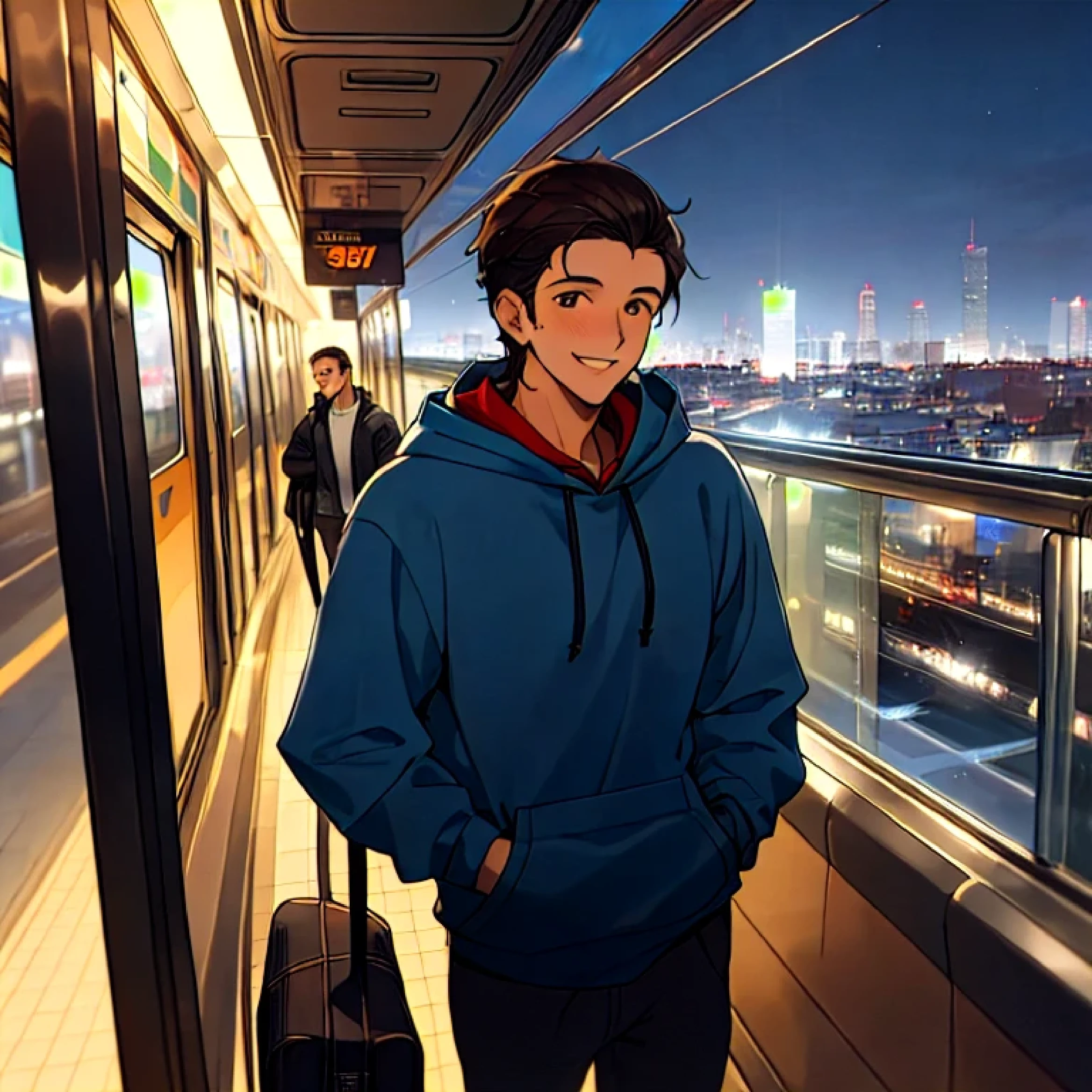 man in a hoodie Traveling, young Spanish man, Shutterstock, a 26-year-old man in the city Traveling, young Italian male, smiling man, handsome man, he is smiling, a man in his 30s, smiling and looking directly, attractive male, high-quality portrait, attractive man, modern city, train ,night Traveling view