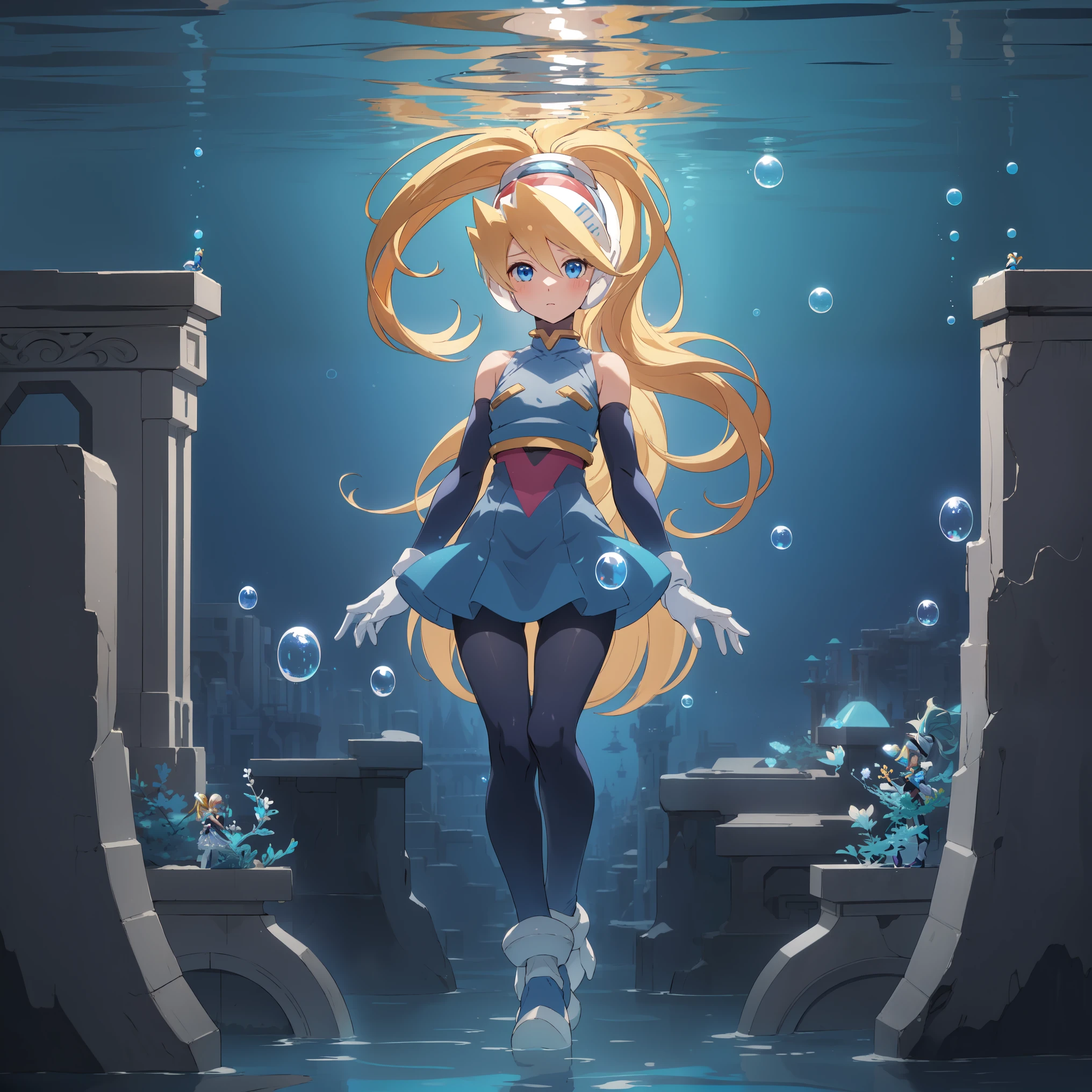 ciel_megamanz, 1girl, solo, long hair, blue eyes, blonde hair, ponytail, headgear, pantyhose, white gloves, high quality, masterpiece, standing in an underwater city with lots of bubbles, in the style of yuumei, intricate architectures, indigo, miniature illumination, daniel f. gerhartz