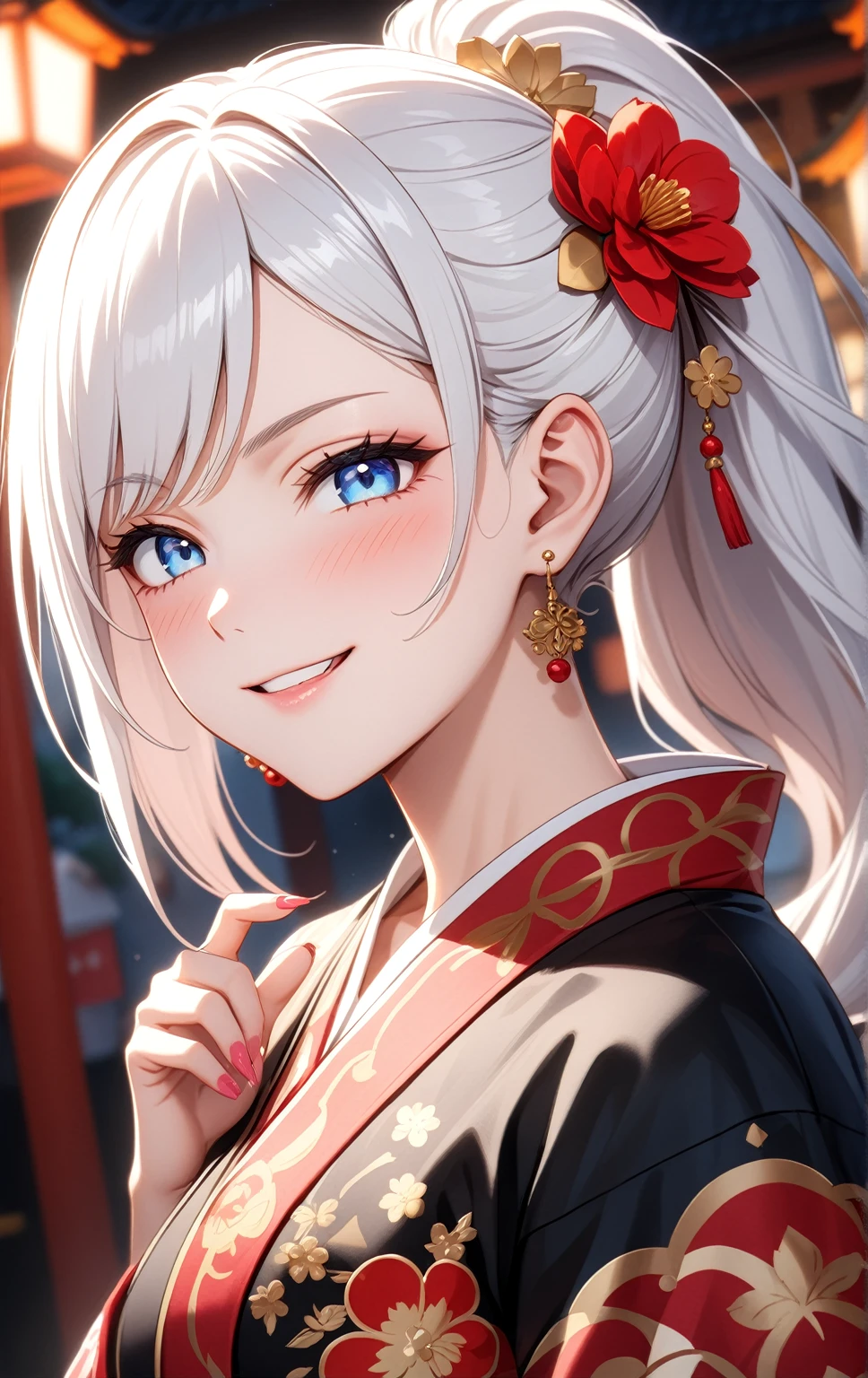 ((one personの女性)), Beautiful Face,Laughing in annoyance,((Wink:1.7)),Laughing with your mouth open,Bright red cheeks,Glossy pink lips,night,Shrine festival s高いs,((Anime style background)),masterpiece, highest quality, so beautiful, Latest, Complex details, (Pink long nails),AI-generated, Complex,High resolution, highest quality, super high quality,3D Images、View your viewers、3D Images,one person,Long white hair,High Ponytail,blue eyes,Anime woman posing for a photo, ((Fine grain、Colorful eyes、Shining Eyes:1.0)),(Squint your eyes:1.1),a hyperRealistic , hyperRealistic , Realistic,Anime woman with long and white hair, Smooth anime CG art, A woman in a colorful kimono with gold embroidery, (Black kimono),Red floral pattern,Long flower hair ornament,Big earrings,,Mature Body,Tall,Big Ass,Fine details,Narrow waist,(Face close-up:1.5),Diagonal Background,(Shooting from an angle)