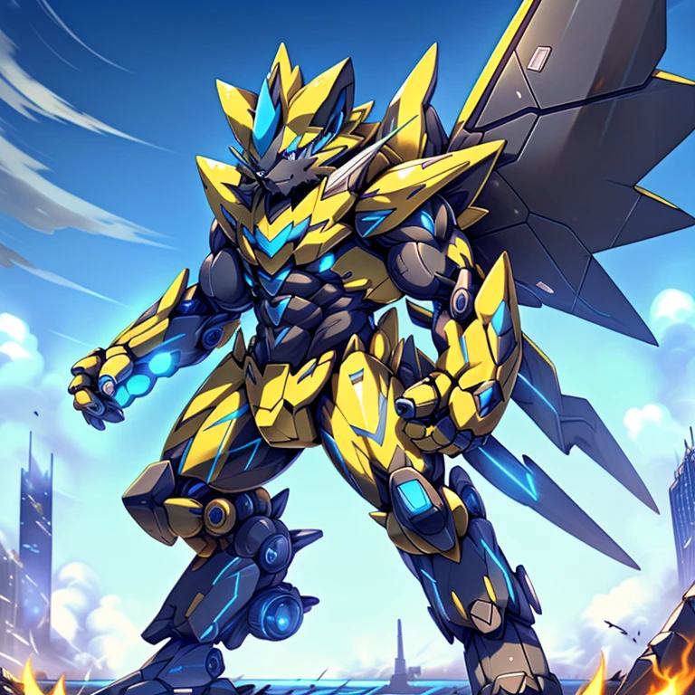 gigantic 10 storey tall zeraora, sky, cloud, holding weapon, no_humans, glowing, , giant mechanical Muscular Zeraora, building, glowing eyes, mecha, science fiction, city, realistic, mecha, iant mechanical Muscular Zeraora is trampling the city, NSFW, Zeraora is over 1000 meters long. Additional details: (masterpiece, official art, 8k, best quality) terrifying and imposing design, (smoke and flames rising from the destruction in the background, a lone figure) (high-tech bio-mecha armor, real texture material), (gigantic muscles, Gigachad Muscular, big muscle, pecs, triceps, traps, unusually developed muscular body, body full of huge muscles. showing off muscles, pectorales enormes, Exaggeratedly huge muscles.),(Spread wings, It has wings, have big wings, golden wings), (whole body shines like metal, Wearing cyberpunk mecha, emphasizes the muscles, suit fully made of metal, intricate armor, Robotic suit, suit fully made of metal, cyborg), (giant zeraora, Zeraora's giant robot, Powered exoskeleton with the same design as Zeraora), (Masterpiece, highres) (Detailed head, Detailed Body, Detailed abs, full body, gundam,