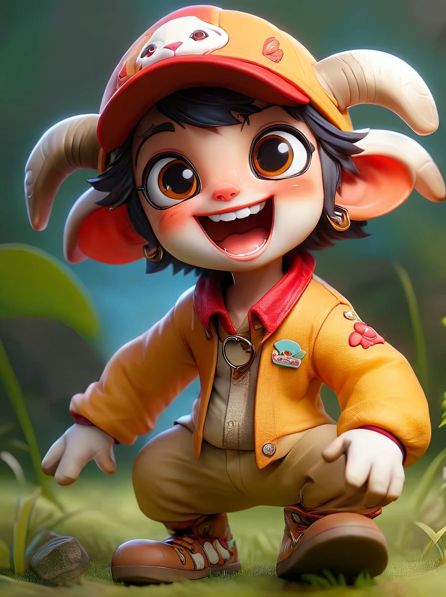 (chibi)，(masterpiece, top quality, best quality, official art, beautiful and aesthetic:1.2), cute lamb ip,koi,chibi face,grass,red scar, laugh,beautiful dress, cute cartoon diagonal shoulder bag, orange cartoon glasses, yellow pattern wool cap, 1fkxc1