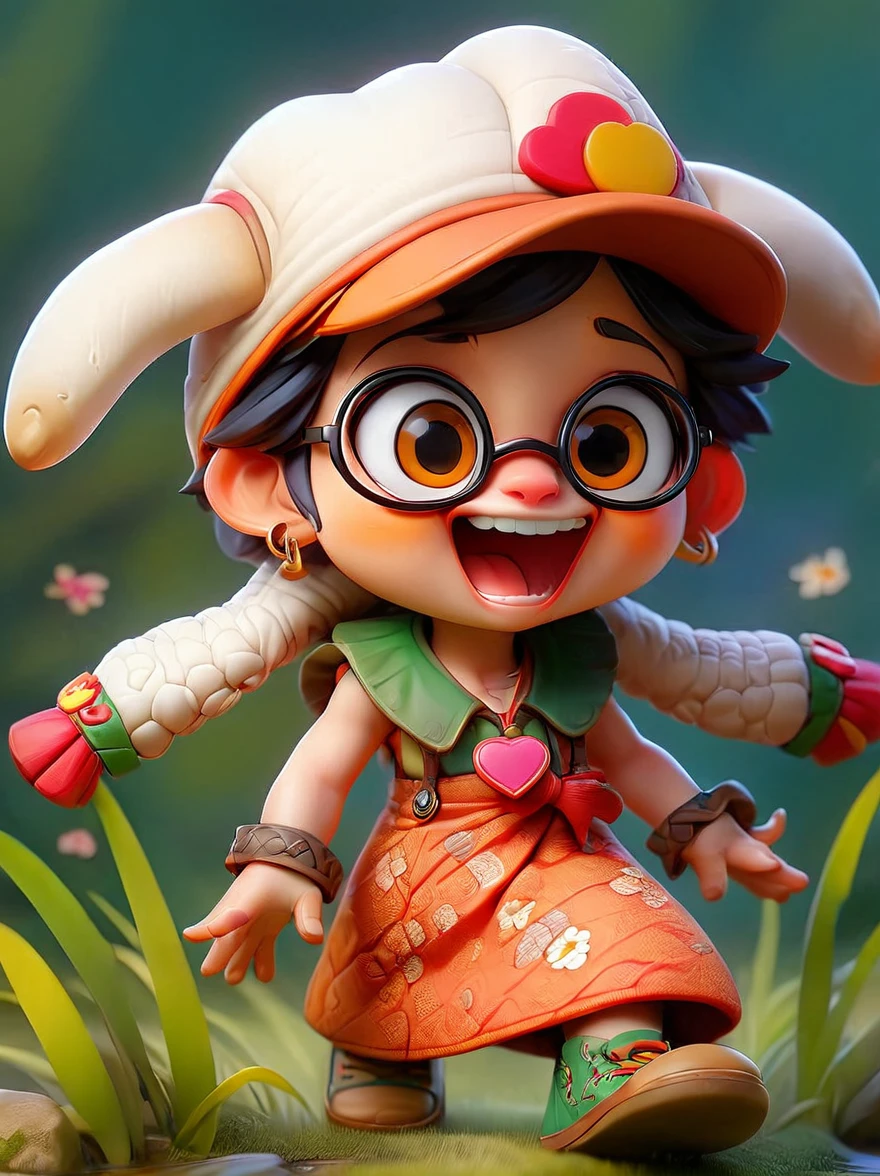 (chibi)，(masterpiece, top quality, best quality, official art, beautiful and aesthetic:1.2), cute lamb ip,koi,chibi face,grass,red scar, laugh,beautiful dress, cute cartoon diagonal shoulder bag, orange cartoon glasses, yellow pattern wool cap, 1fkxc1