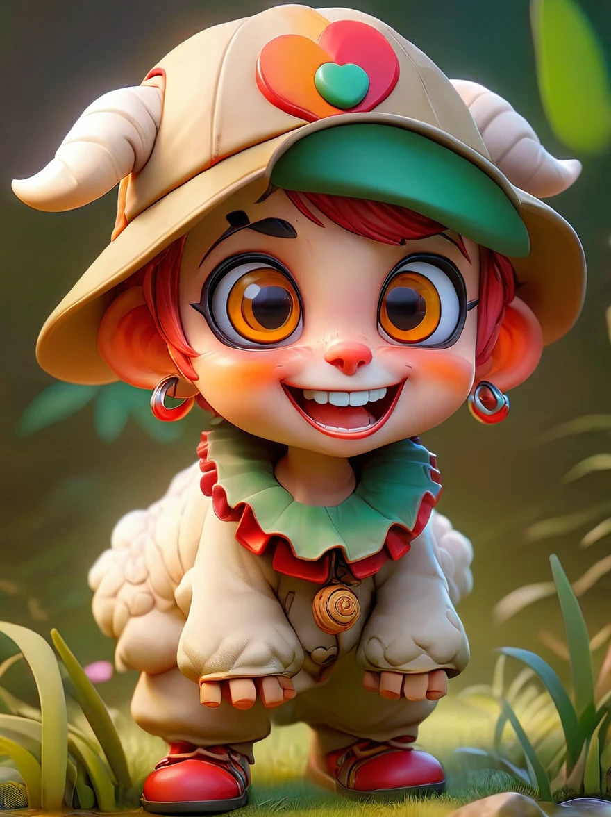 (chibi)，(masterpiece, top quality, best quality, official art, beautiful and aesthetic:1.2), cute lamb ip,koi,chibi face,grass,red scar, laugh,beautiful dress, cute cartoon diagonal shoulder bag, orange cartoon glasses, yellow pattern wool cap, 1fkxc1