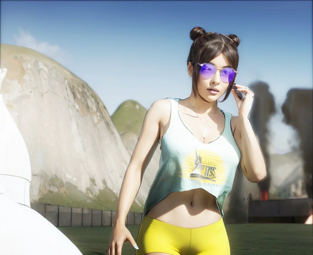 A highly detailed and ultra-realistic young woman middle eastern with a focused expression, holding a walkie-talkie to her mouth as if she is communicating important information. She has light skin and her hair is styled in two neat buns on top of her head, with loose strands framing her face. She is wearing large, round purple-tinted sunglasses and light blue lipstick.